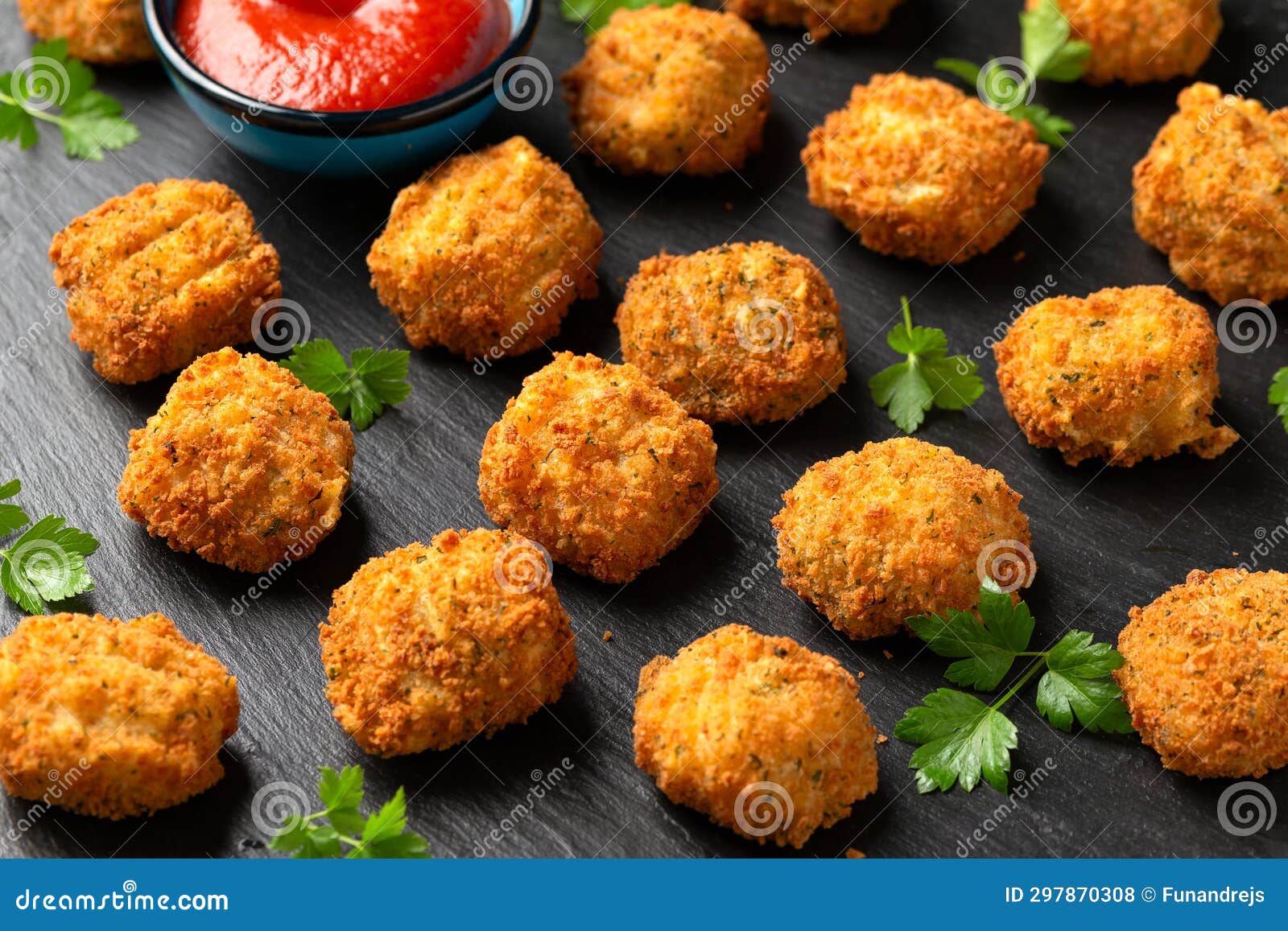 Potato Croquettes with Ham and Cheese on Stone Board Stock Photo