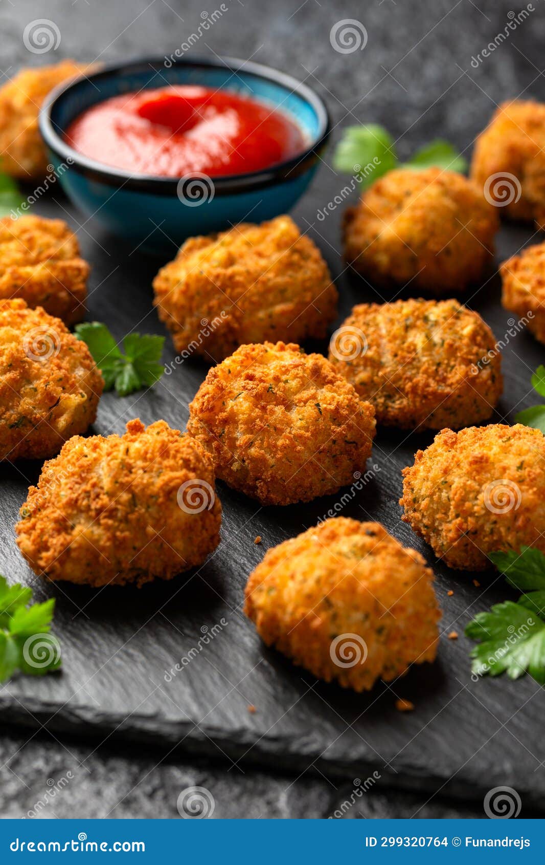 Potato Croquettes with Ham and Cheese on Stone Board Stock Photo
