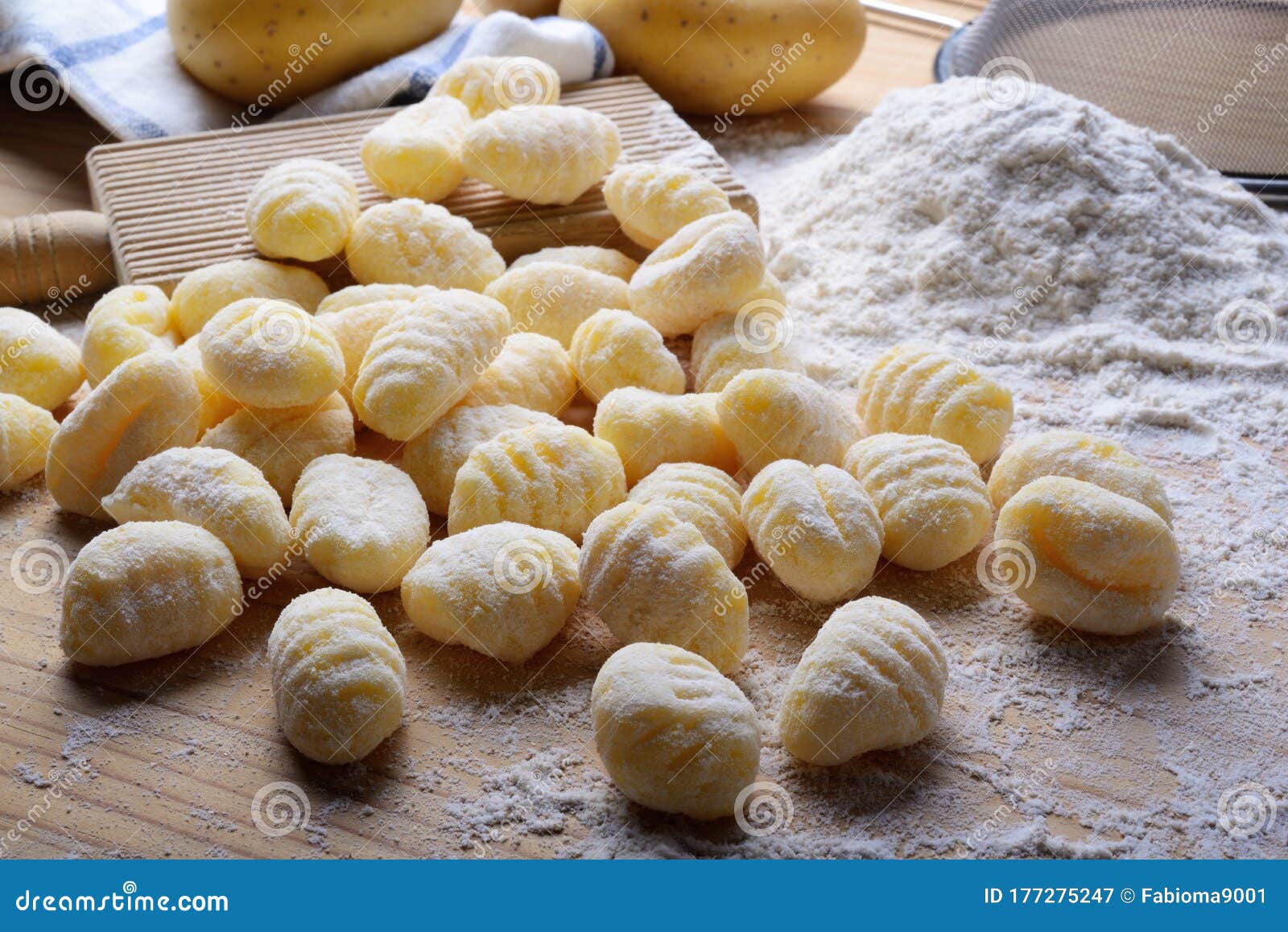 Potato Gnocchi, Flour and Potatoes on Pastry Board. Stock Image Image
