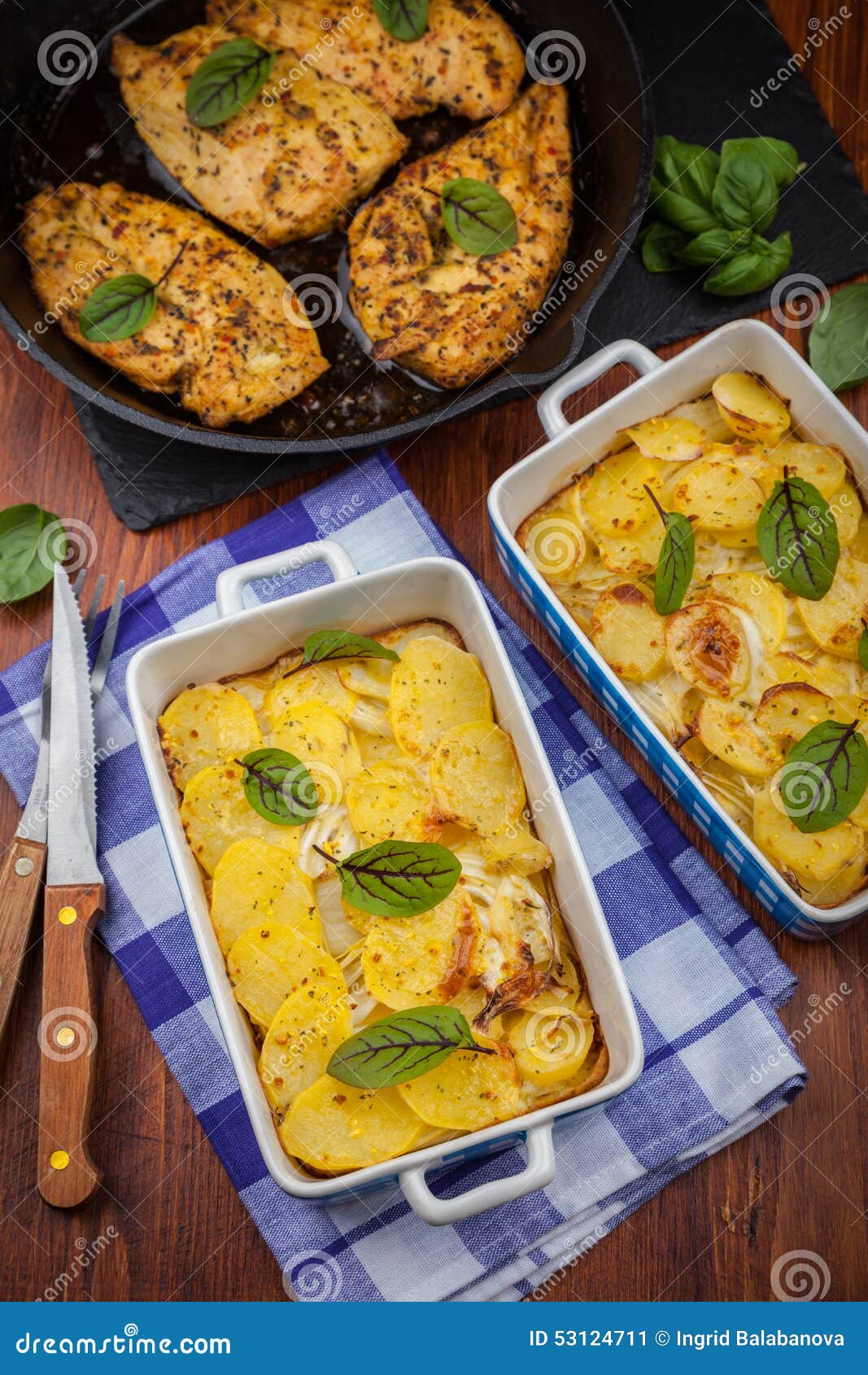 Potato Gratin with Marinated Chicken Breast Stock Image Image of