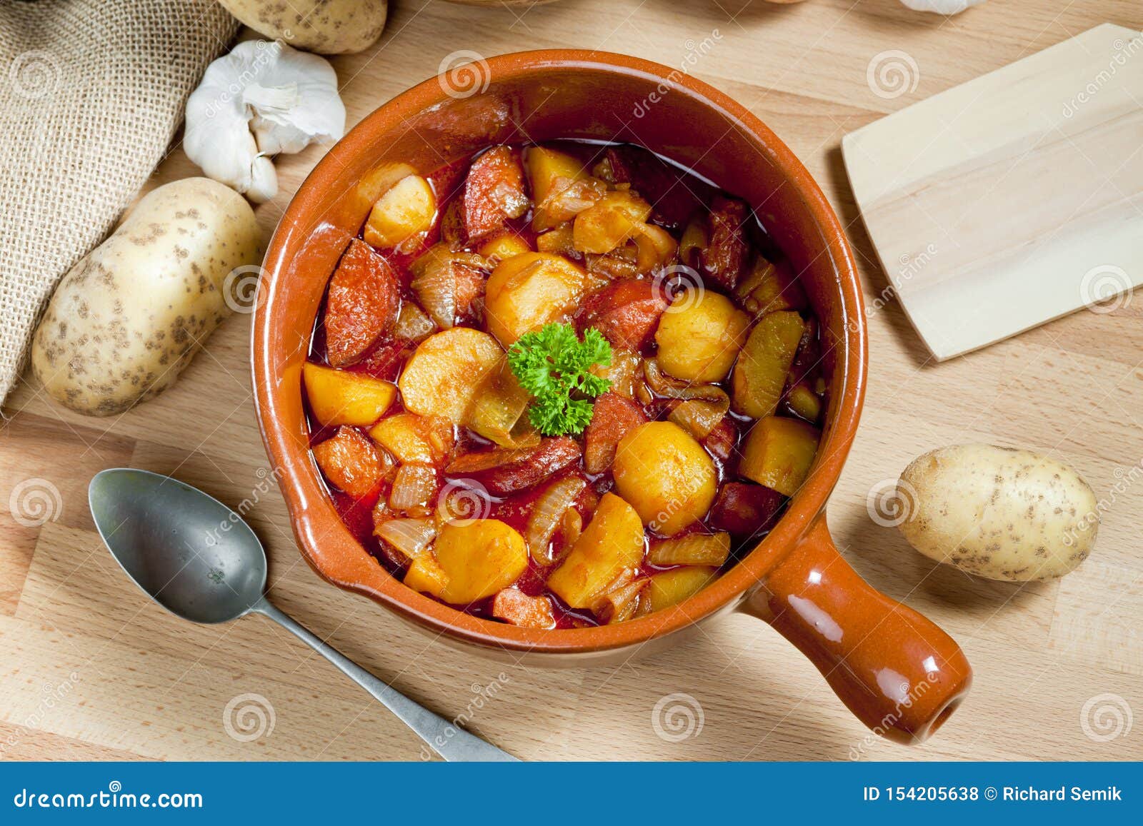 Potato and sausage goulash stock photo. Image of gastronomy 154205638