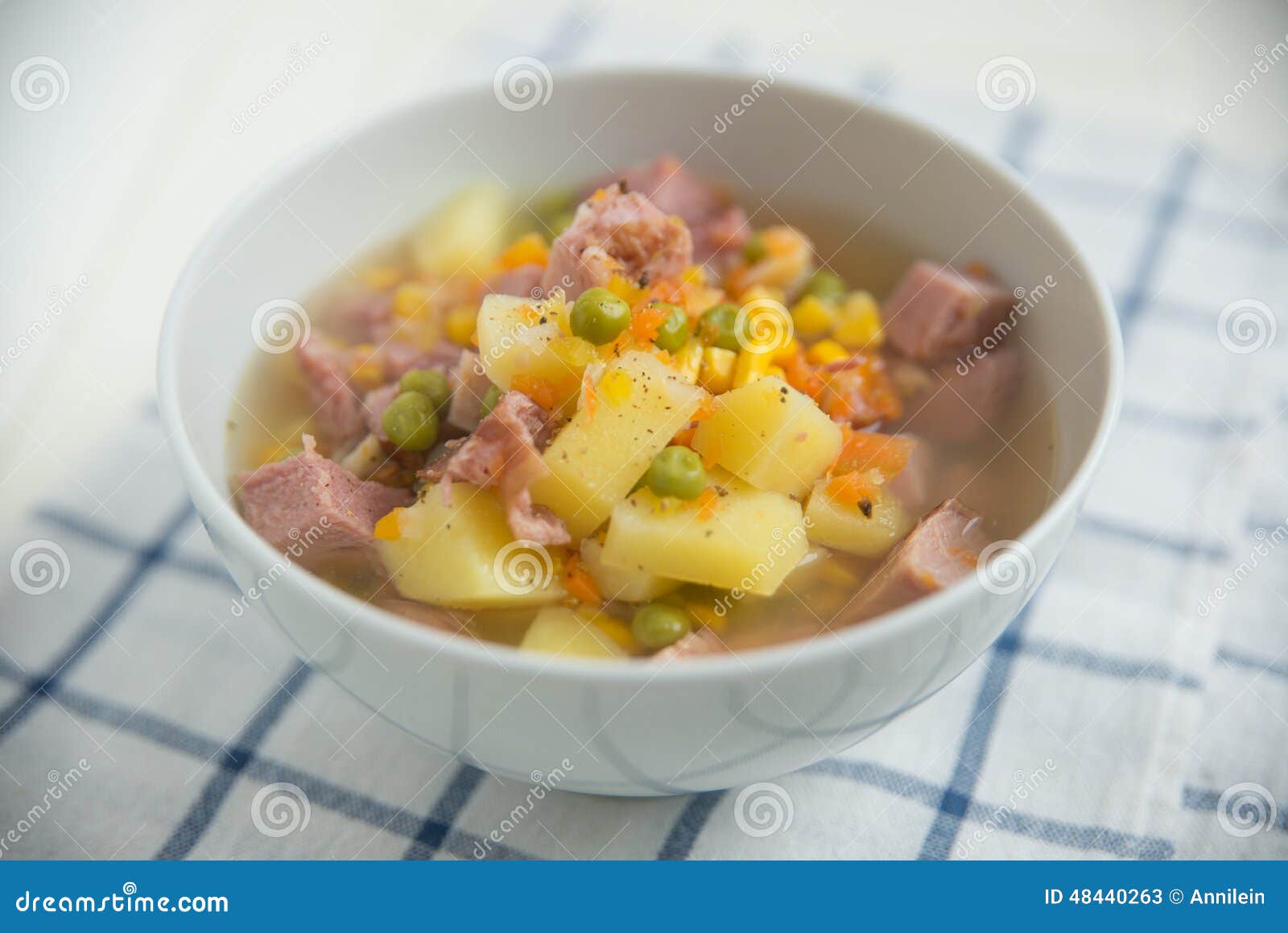 Potato Soup with ham, peas stock image. Image of dinner 48440263