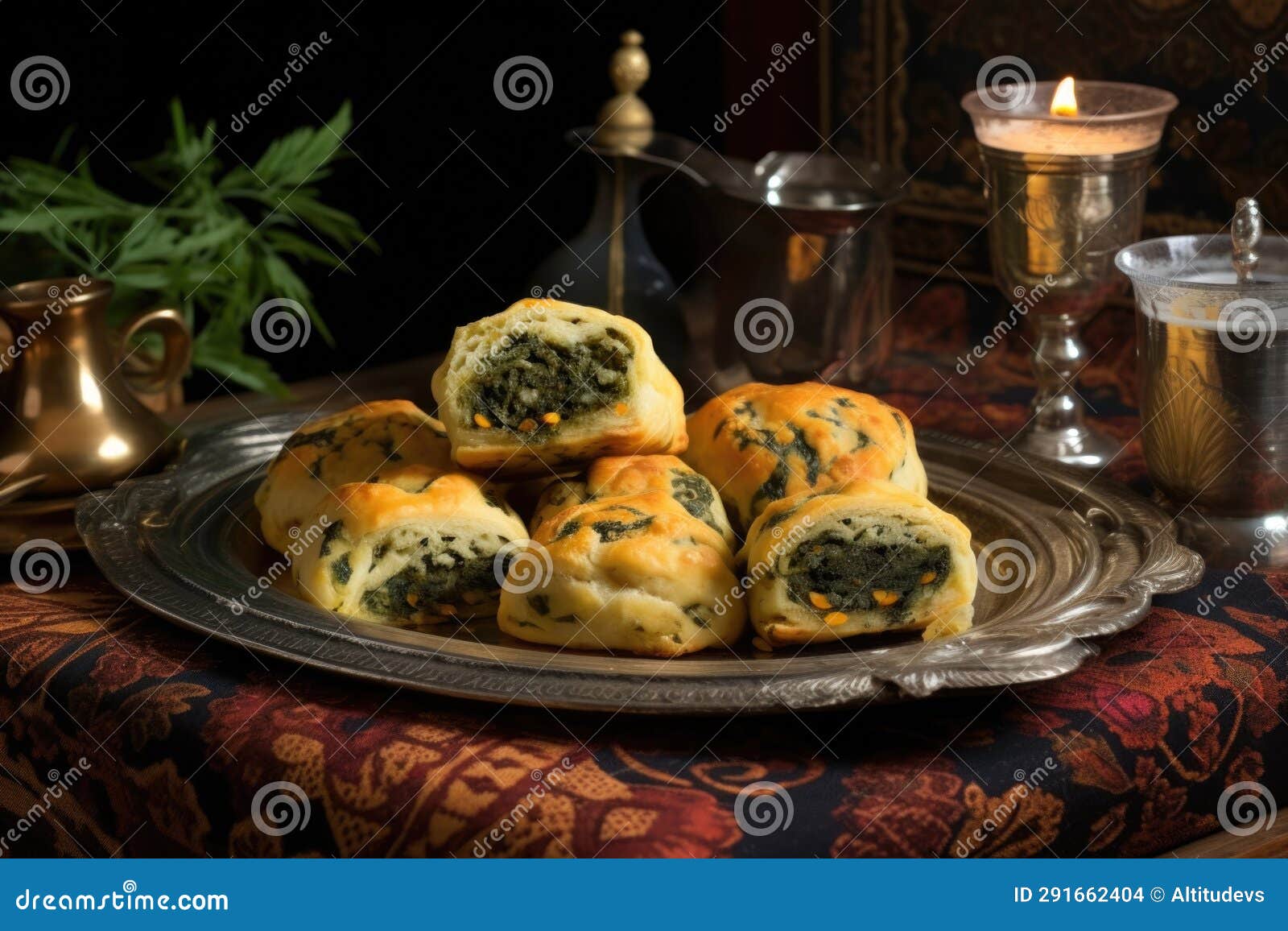 Potato and Spinach Knishes on a Patterned Serving Tray Stock Photo