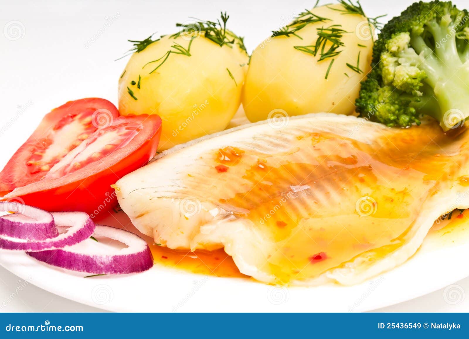 Potatoes with Dill, Fish Fillet and Tomato Stock Image Image of onion