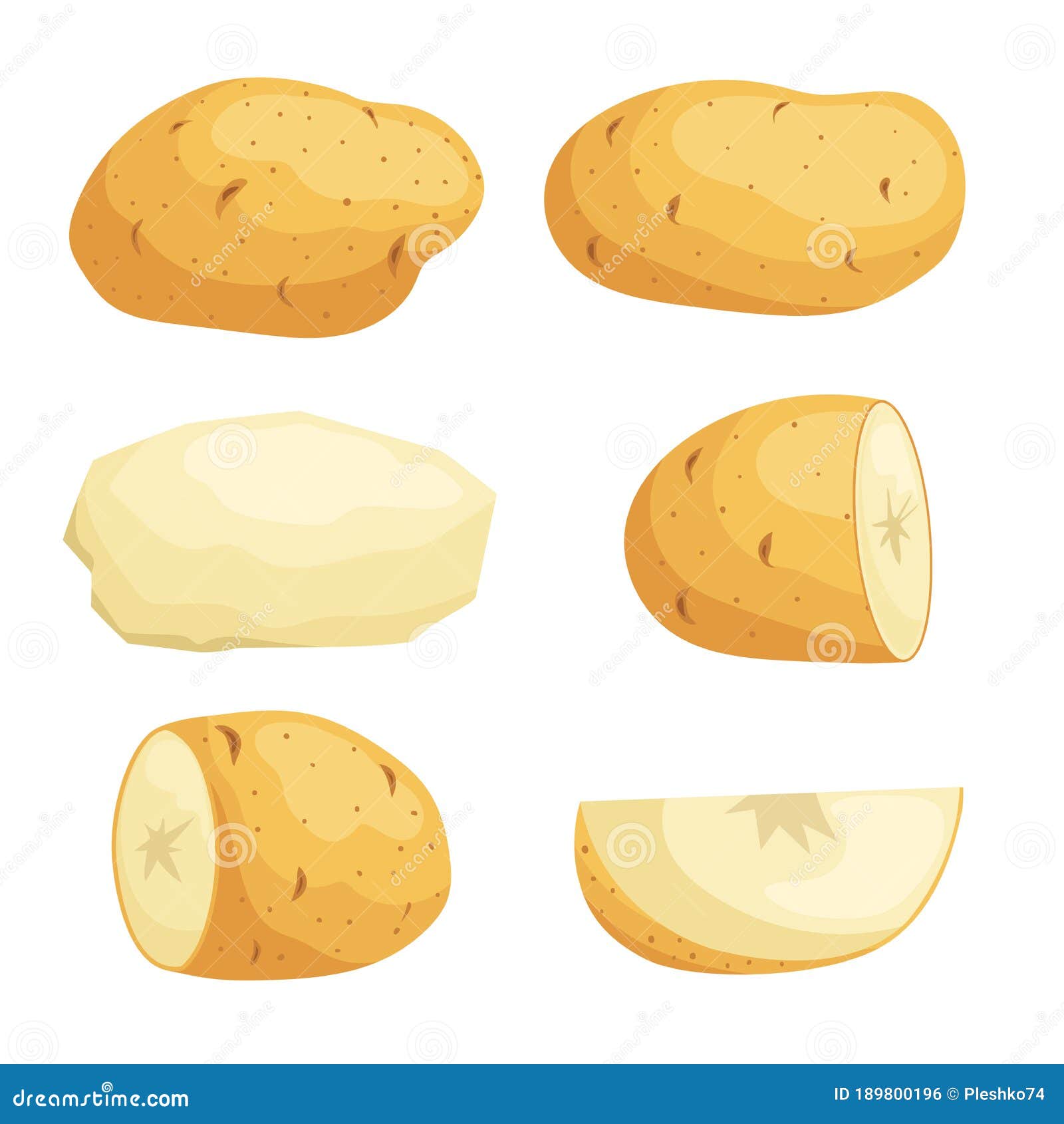 Potatoes in Flat Cartoon Style Set. Whole, Cut, Peeled and Sliced