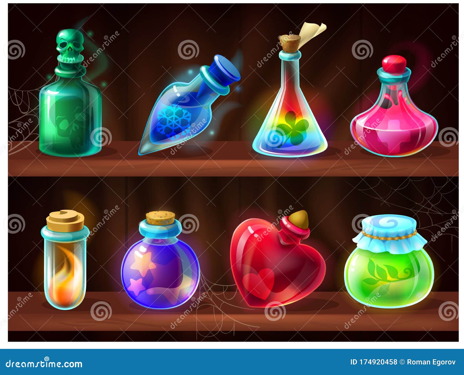 potion bottles. game alchemist liquids on wooden shelf, cartoon love potion, poison, magic elixir.  set of fantasy