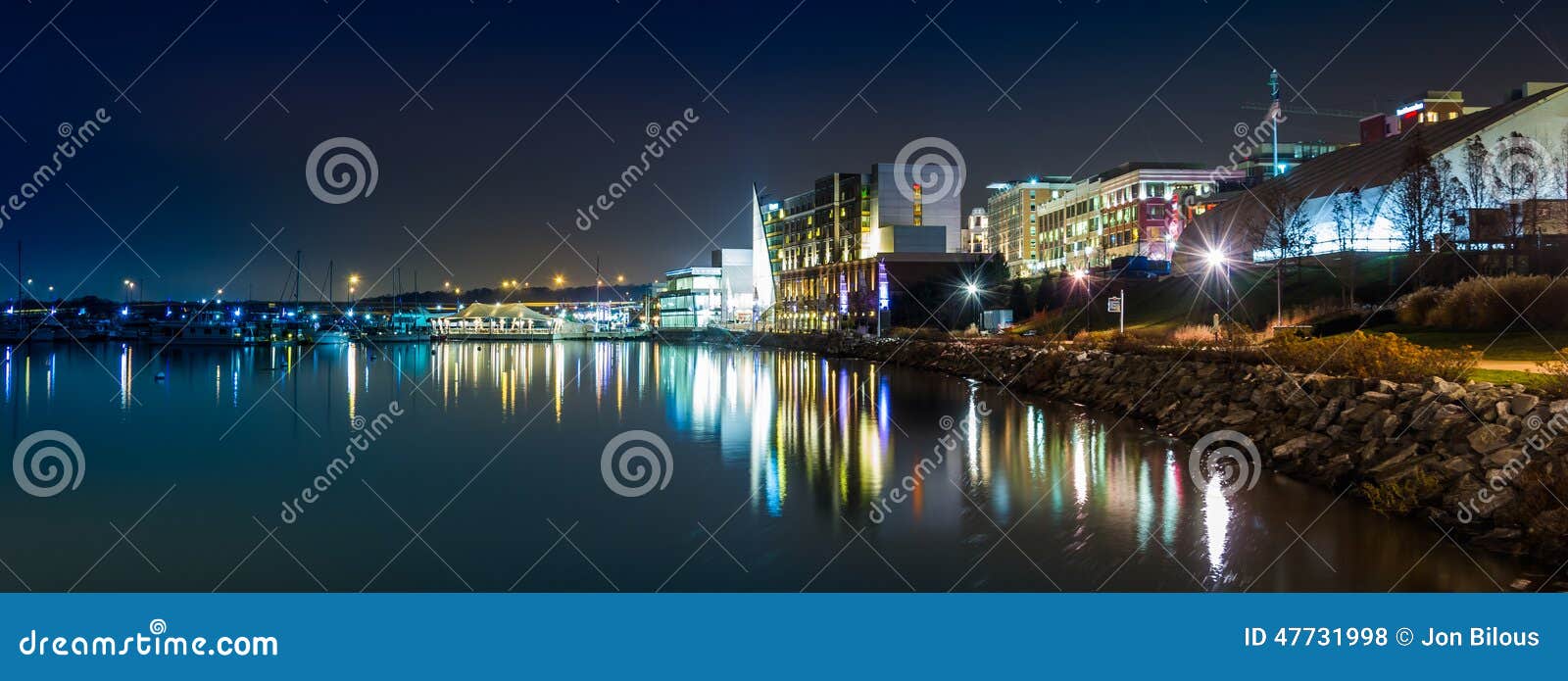 the potomac river waterfront at night, in national harbor, maryland.