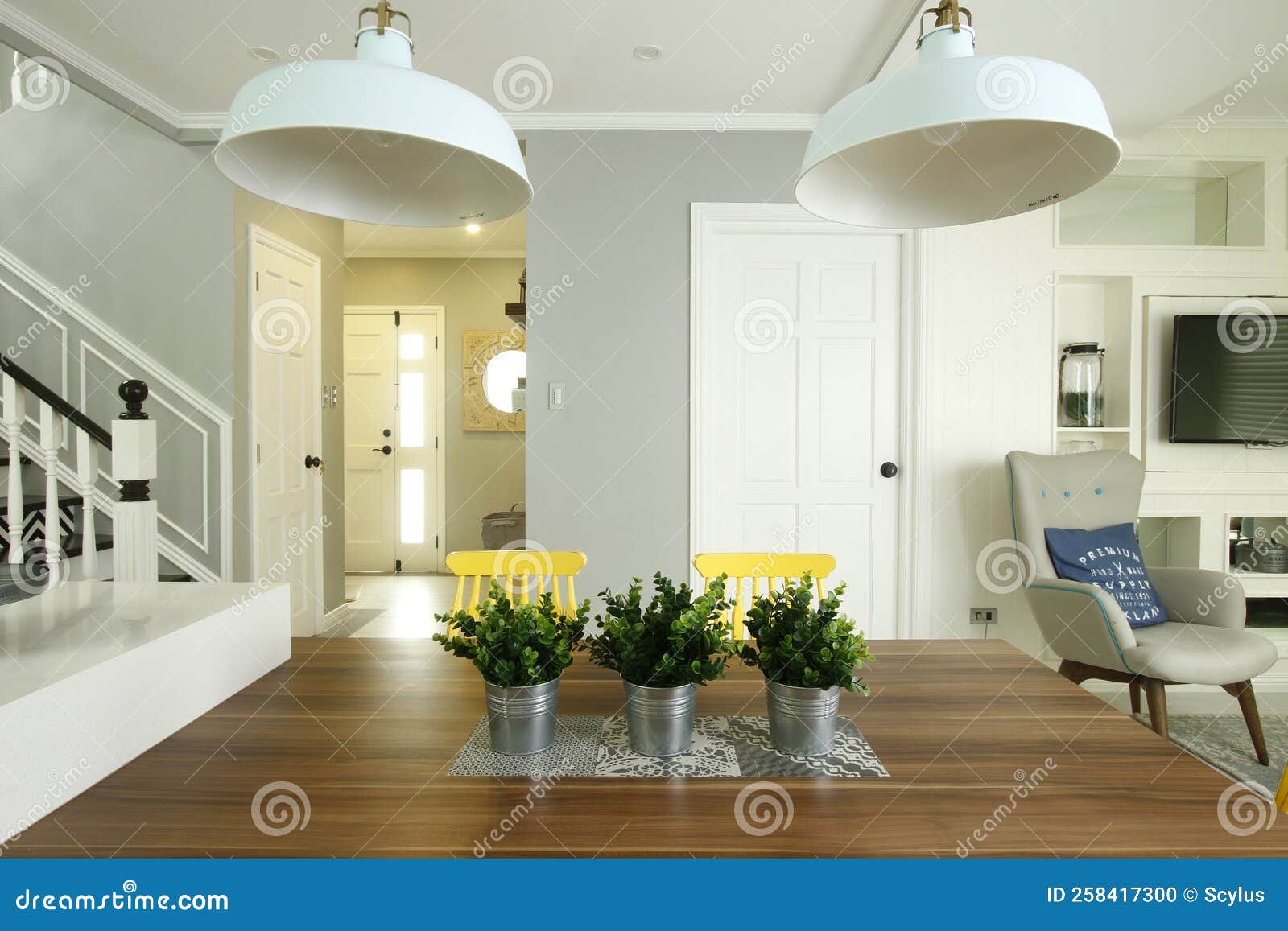 Potted Plants on a Clean Wooden Kitchen Table in a Modern Home Stock