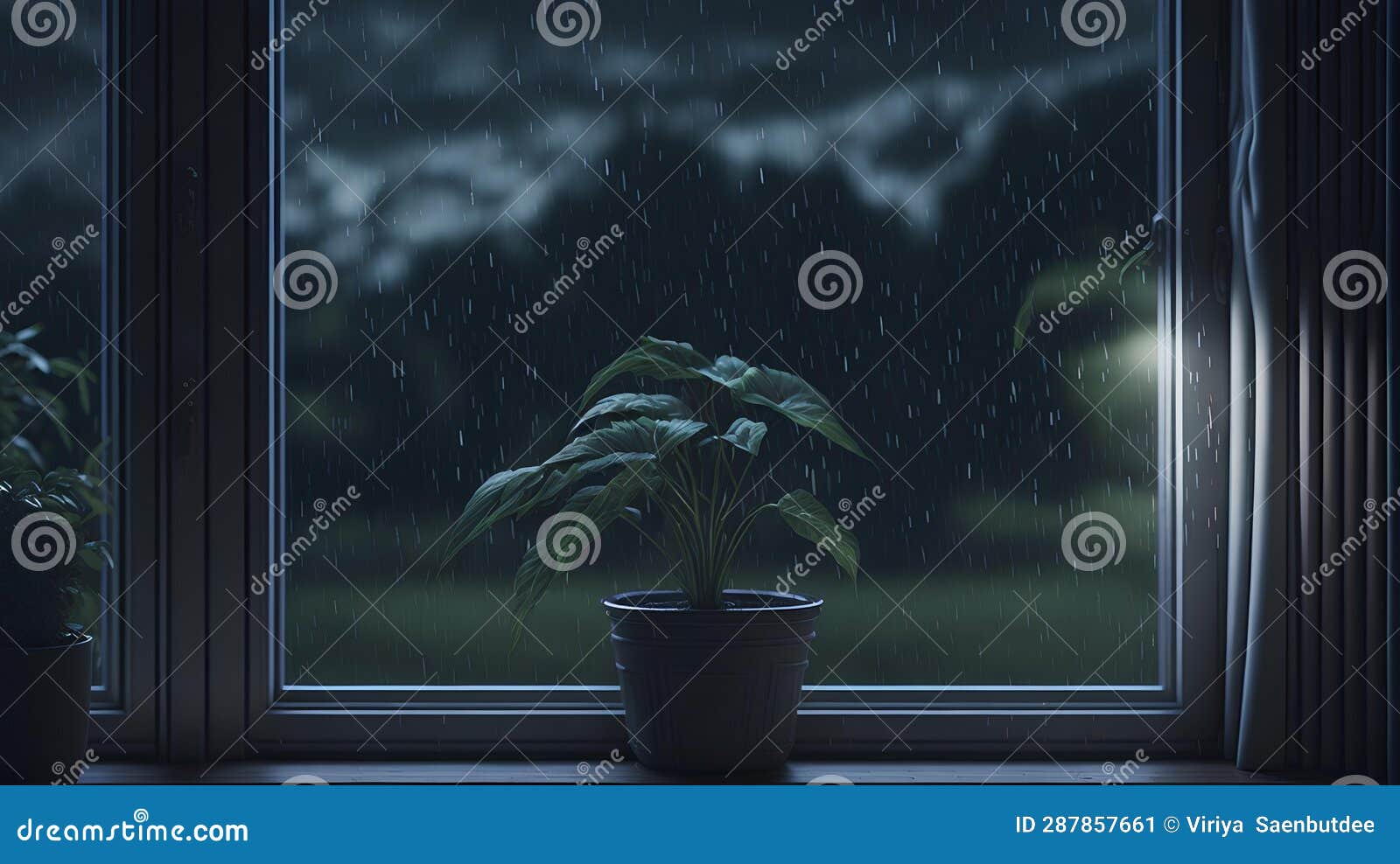 Potted Plants on the Window when it Rains, Background, Illustration