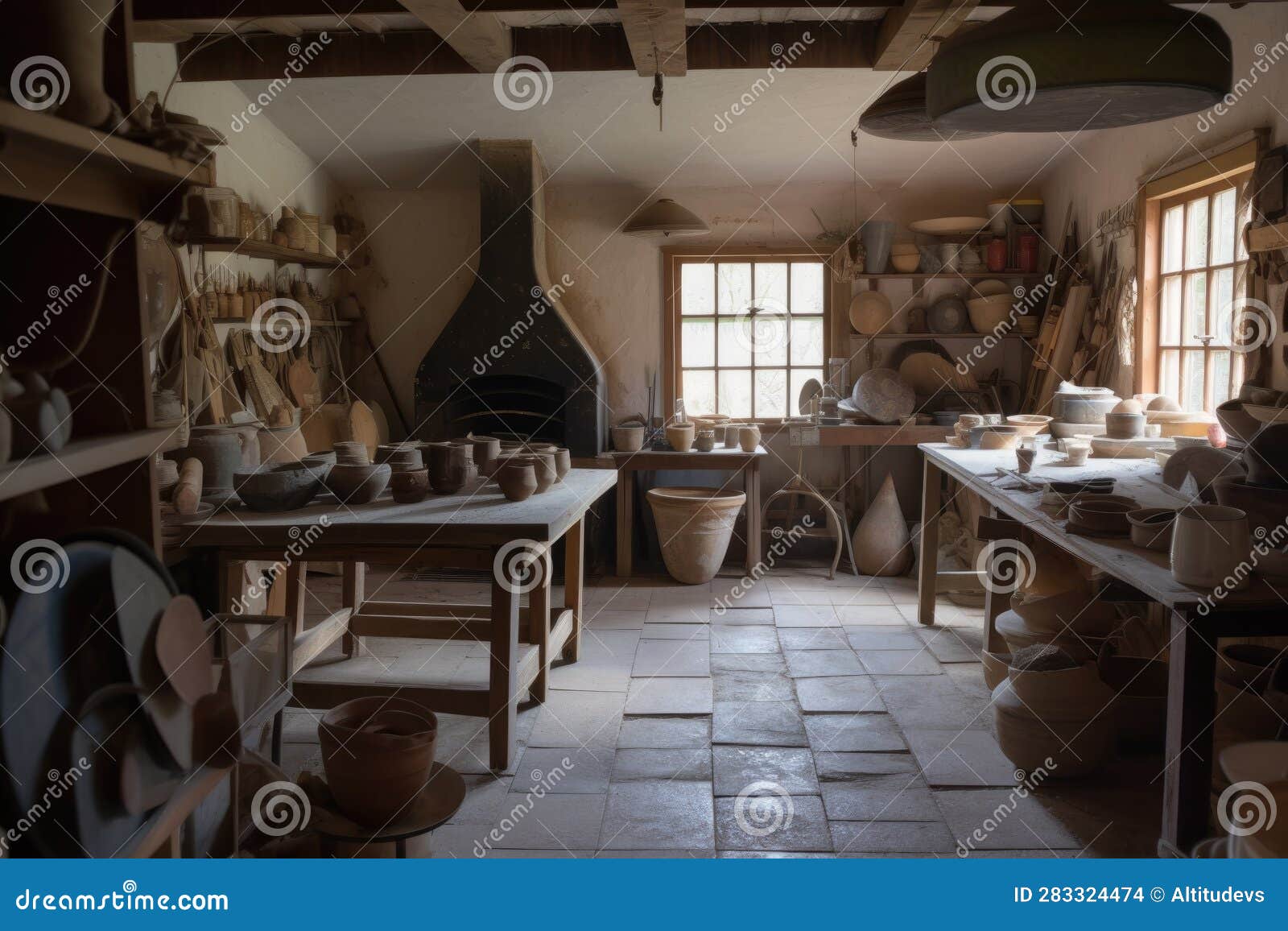 Pottery and Ceramics Studio, with Wheel, Kiln, and Other Tools Visible