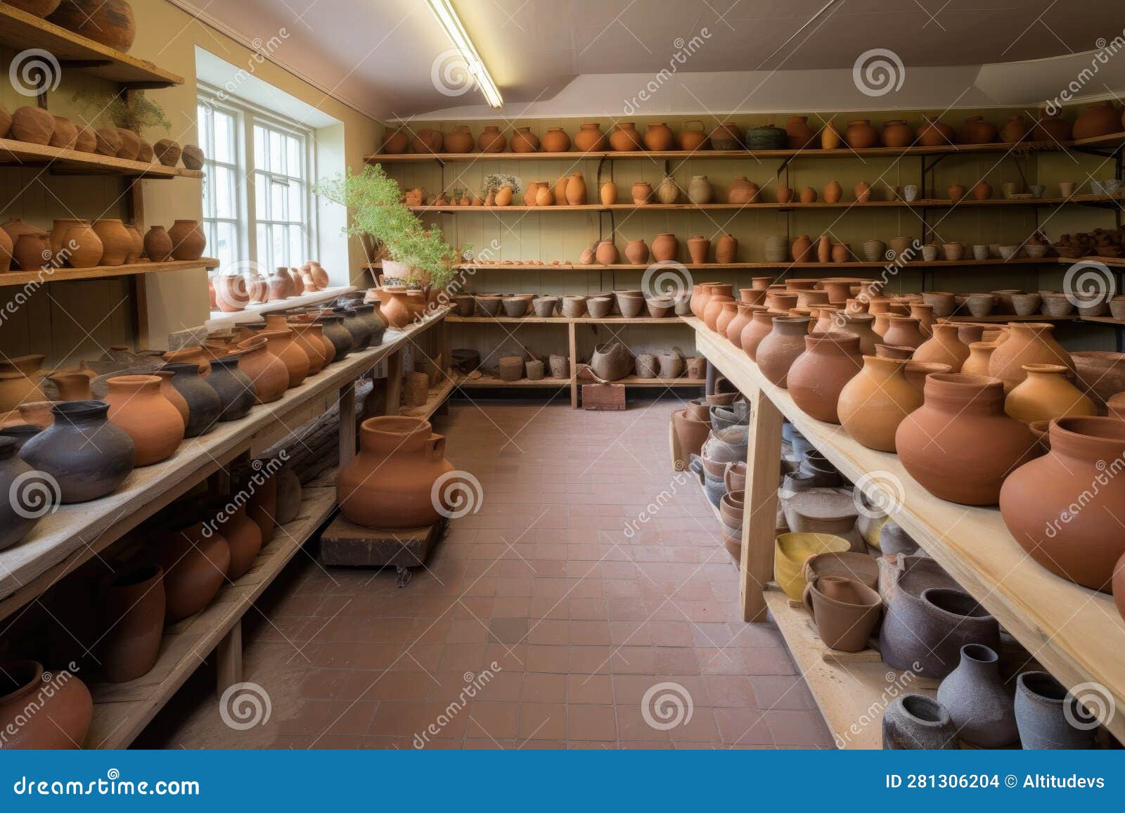 Pottery and Ceramics with Kilns, Tools and Finished Pots on