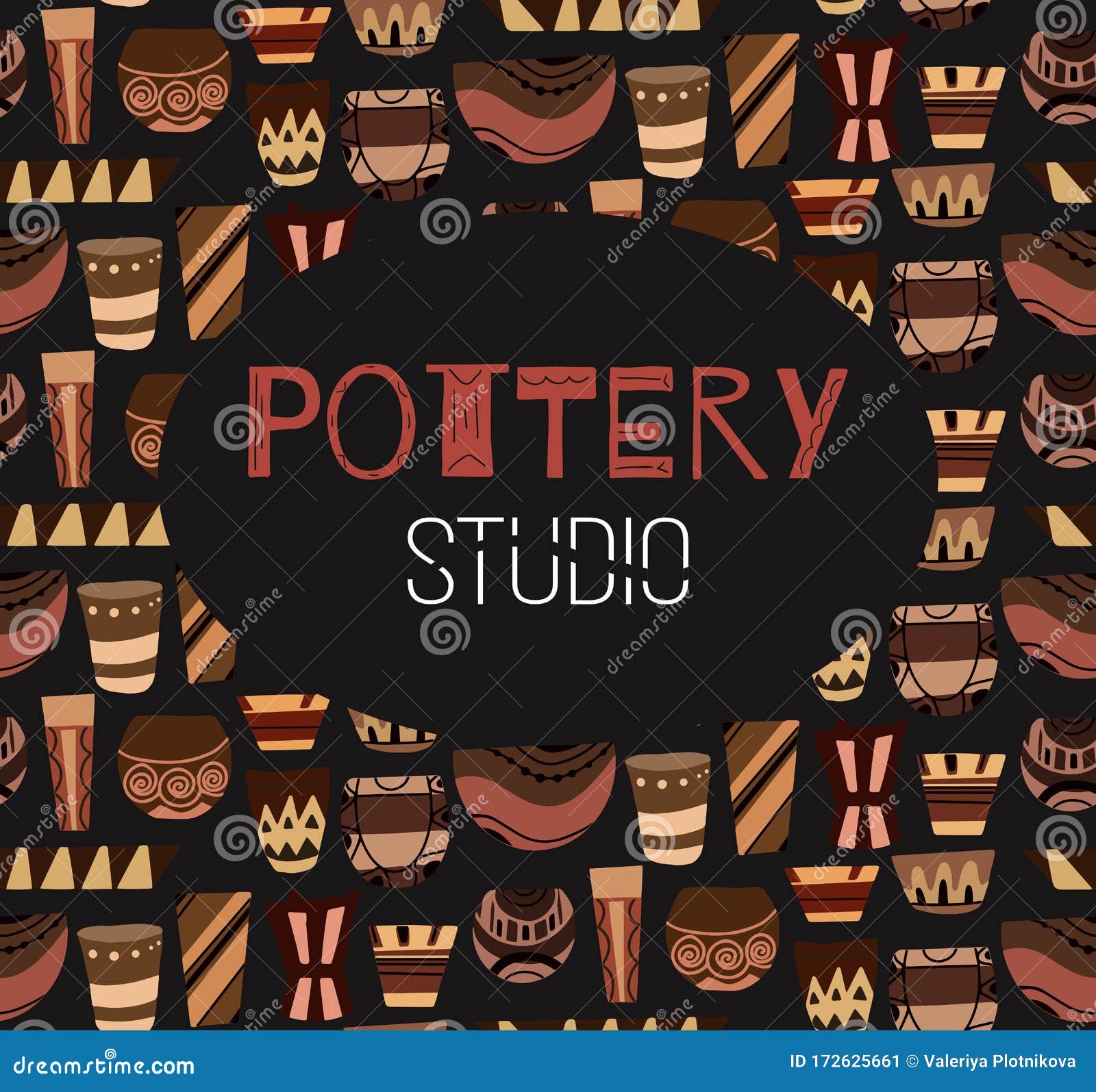 pottery lessons. square placart. flat clay vases and pots with boho pattern on a dark background.  template