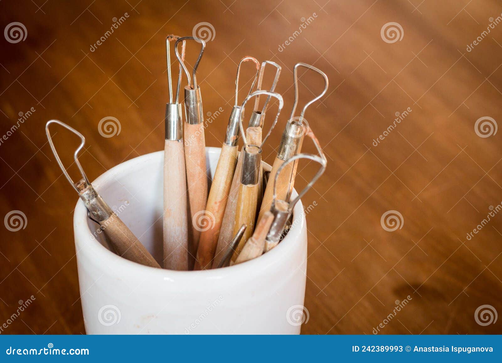 Pottery Studio Equipment. Wooden Modeling Tools Set. Loop, Wire, Ribbon