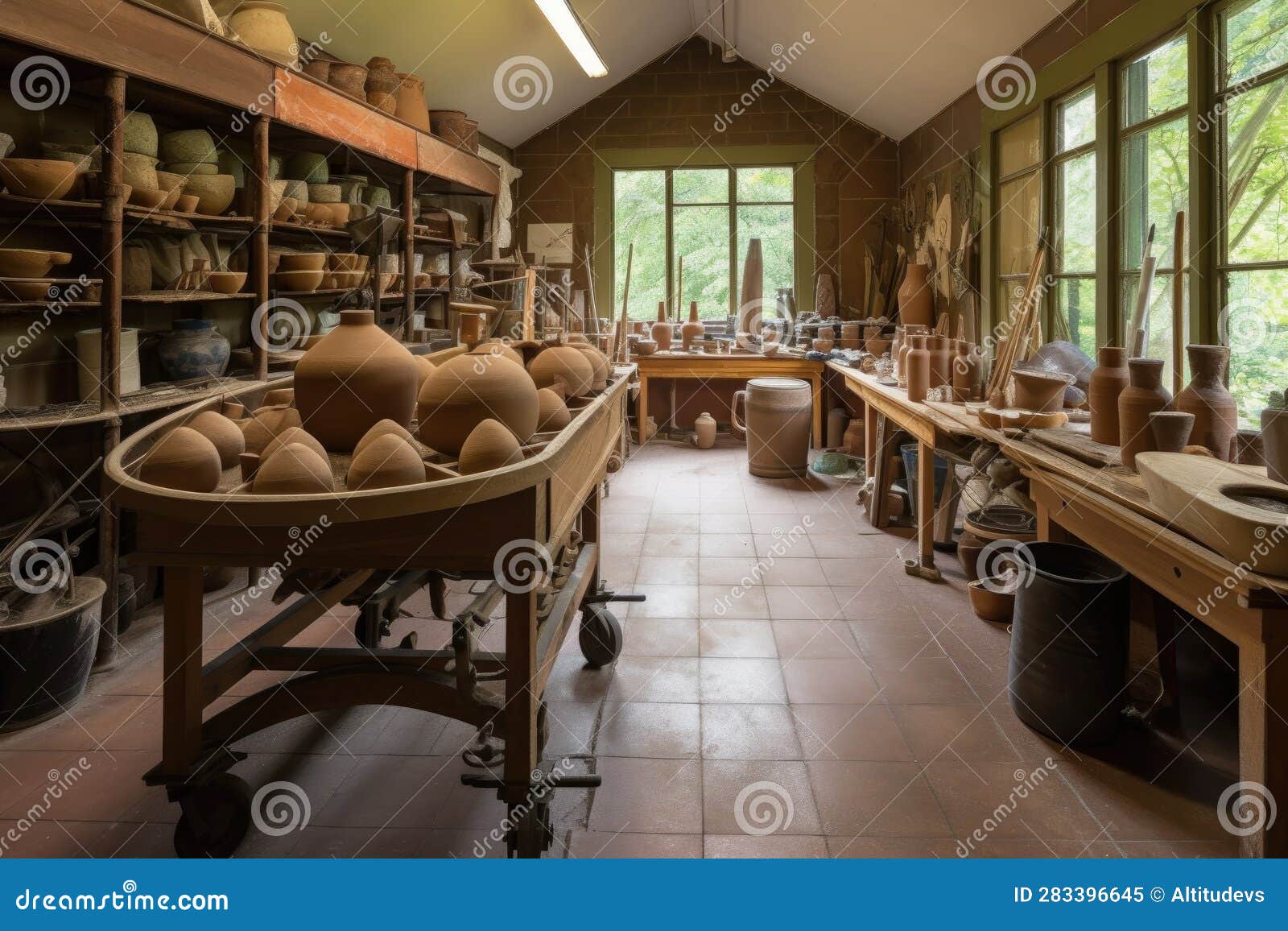 Pottery Studio, with Wheels and Kilns in Use by Artists Creating Unique