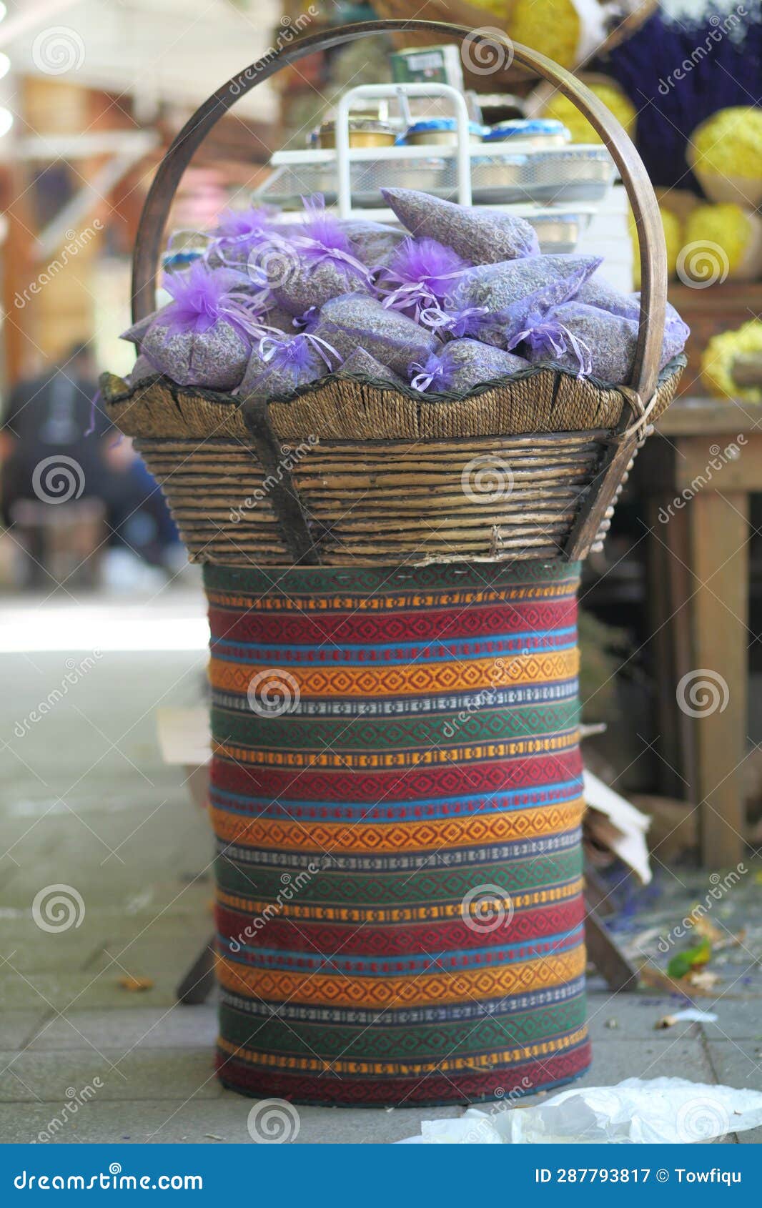 Pouch with Lavender in a Wooden Basket. Stock Image Image of