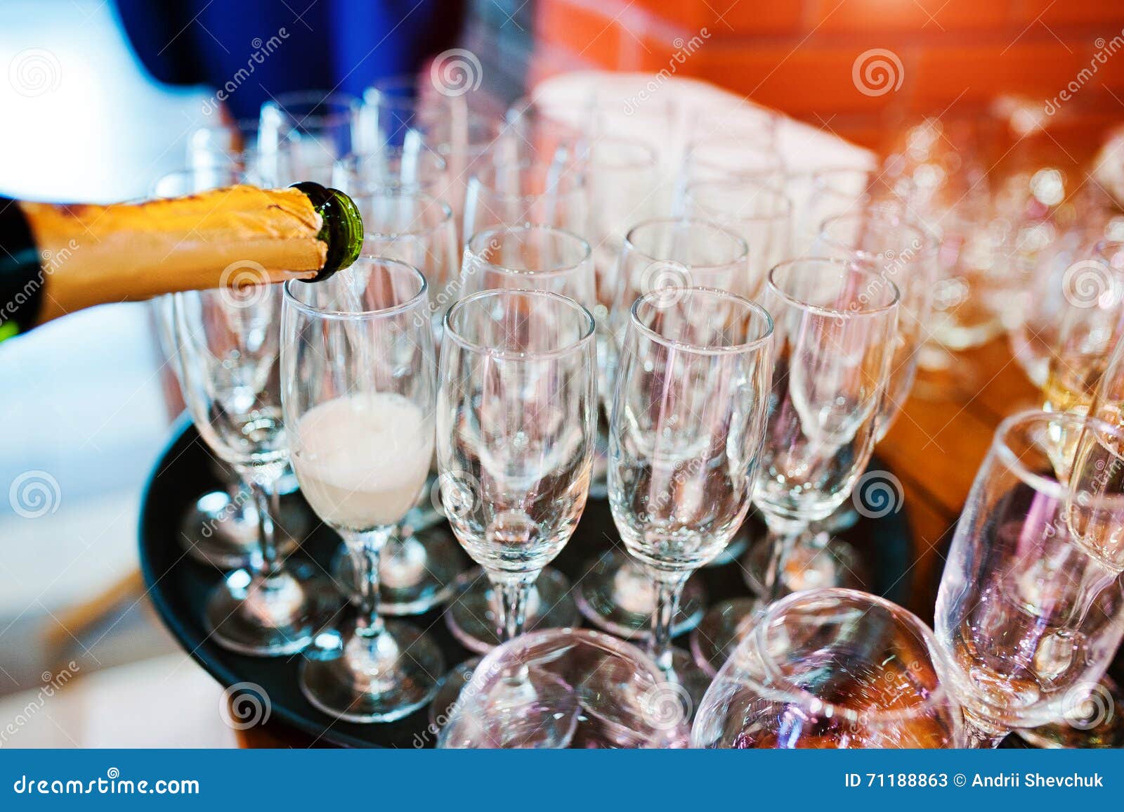 Pour Champagne into Glasses at Wedding Party Stock Image Image of