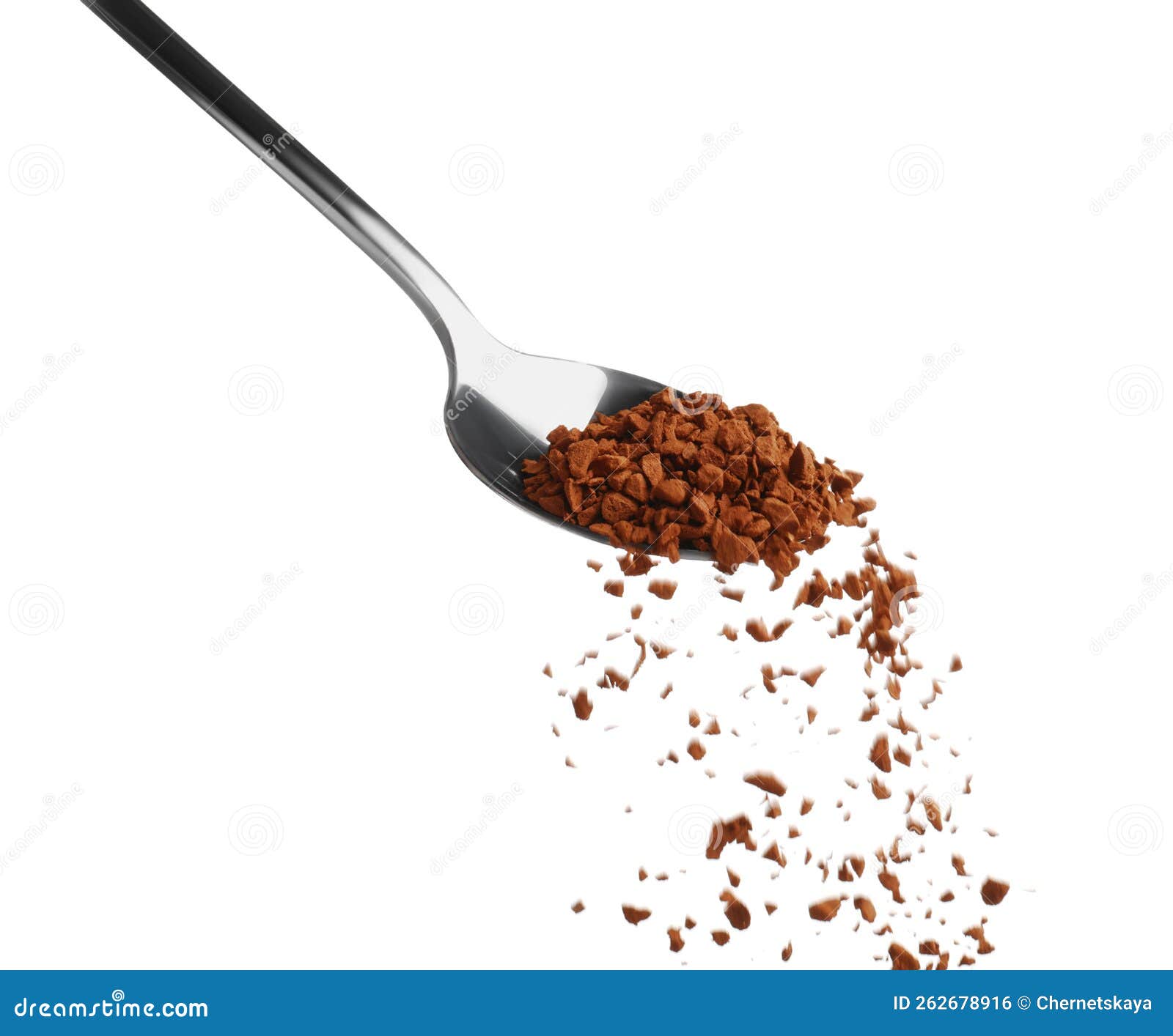 Pouring Aromatic Instant Coffee from Spoon on White Background Stock