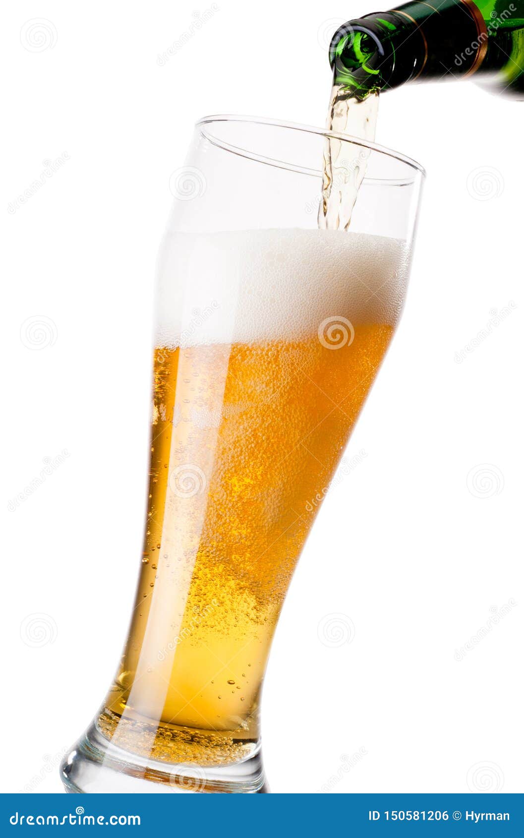 Pouring Beer from Bottle To Glass on White Background Stock Photo