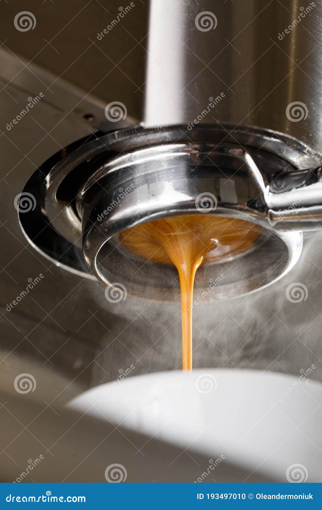 Pouring Coffee Stream From Professional Machine In Cup Making