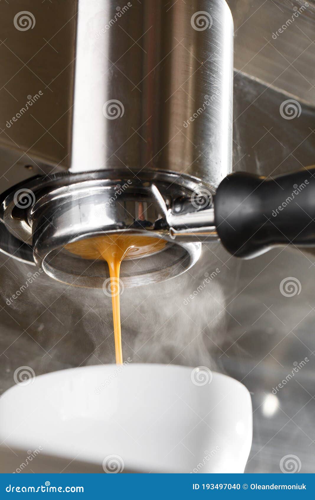 Pouring Coffee Stream From Professional Machine In Cup Making