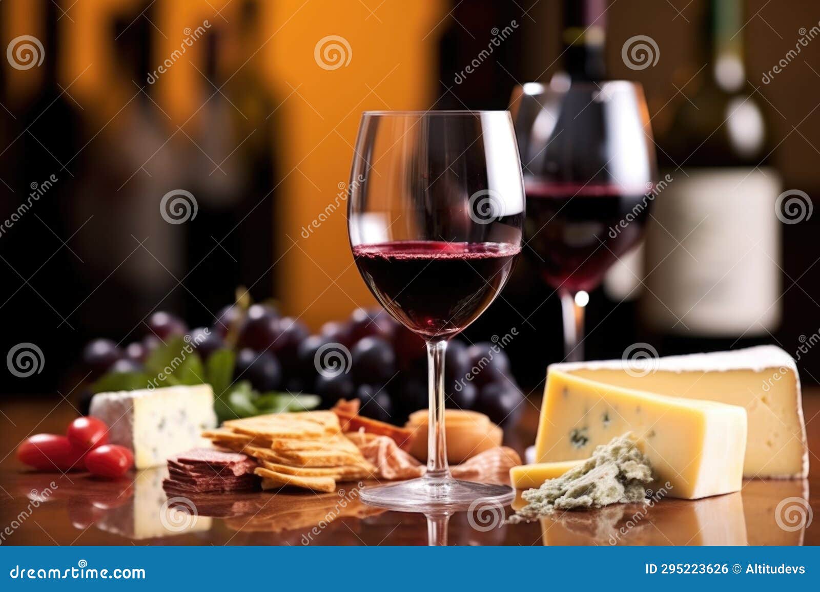 Pouring Red Wine with a Cheese Platter in Background Stock Photo