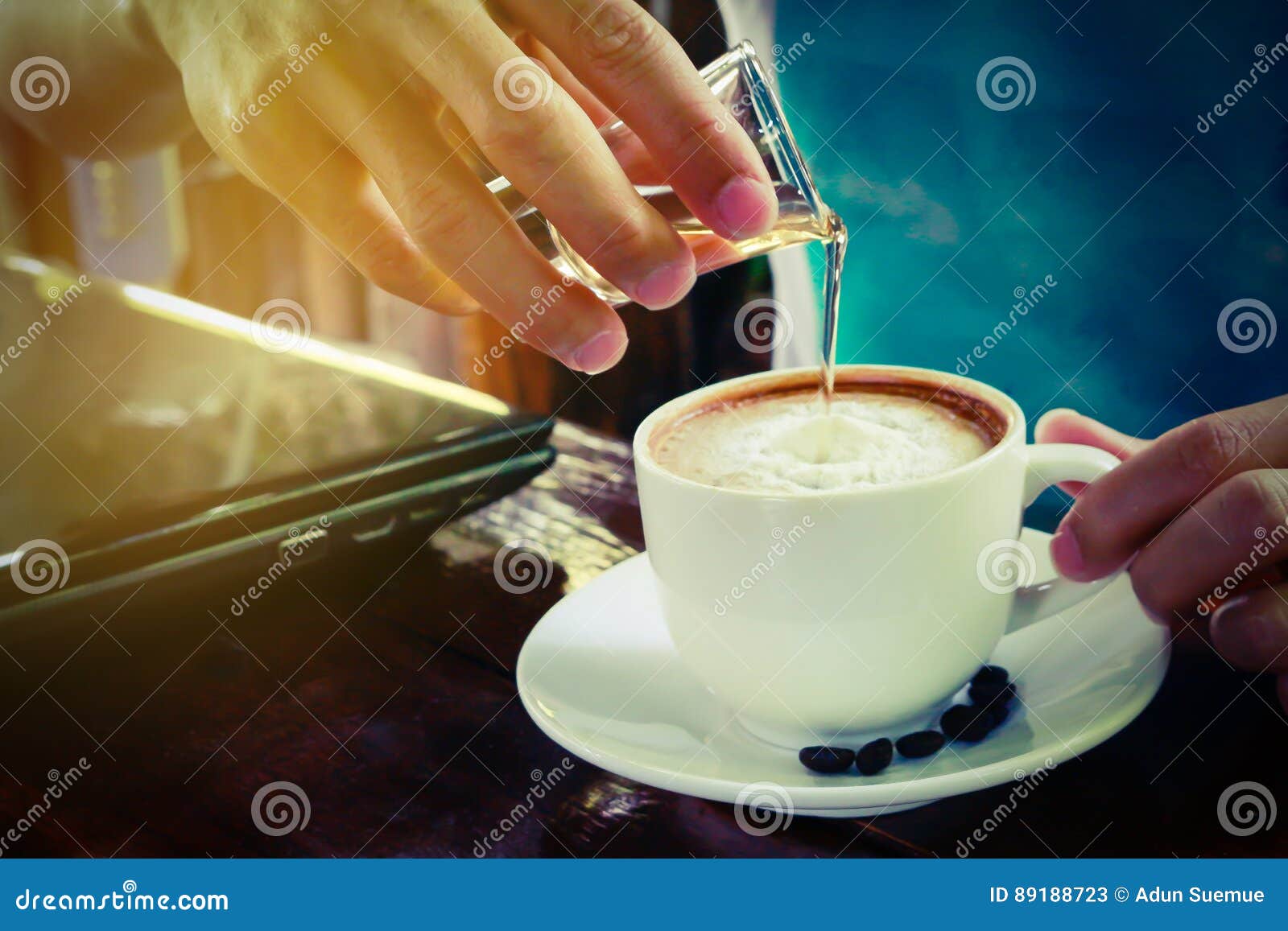 Pouring Syrup in To Latte Hot Coffee Cup Stock Image Image of