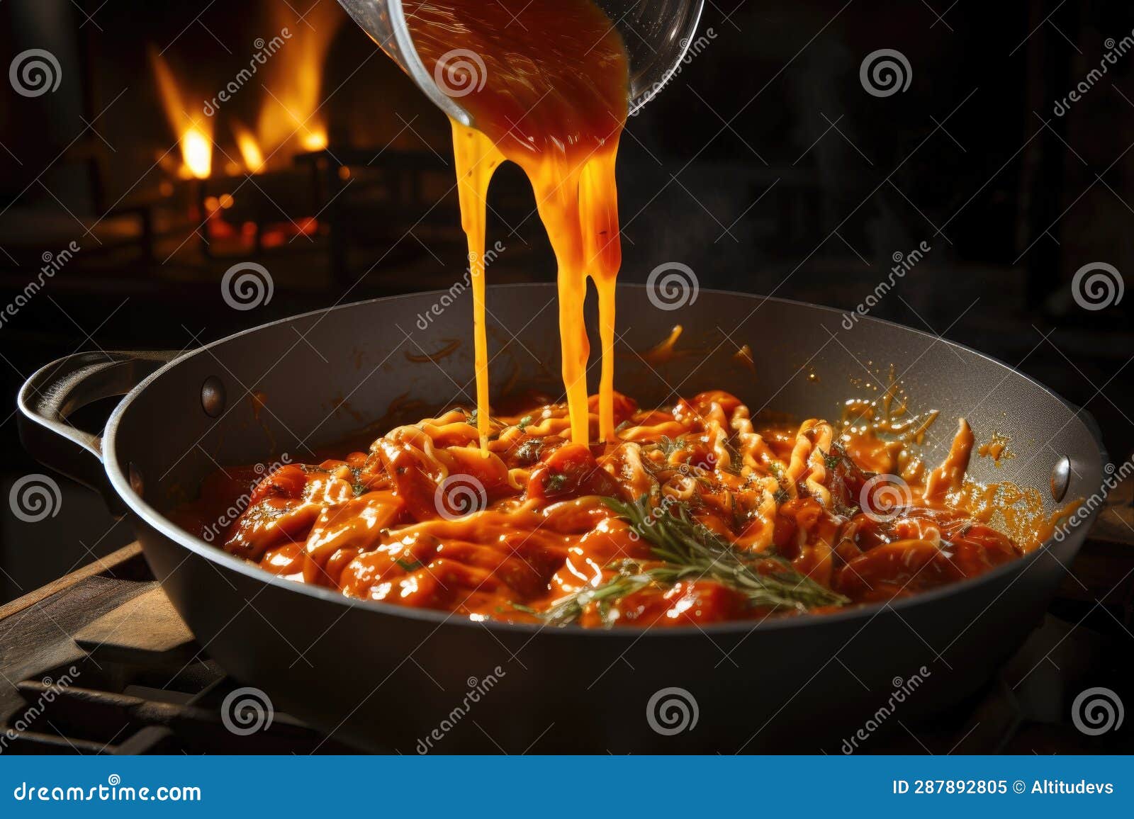 Pouring Tomato Sauce Onto Freshly Cooked Pasta Stock Image Image of