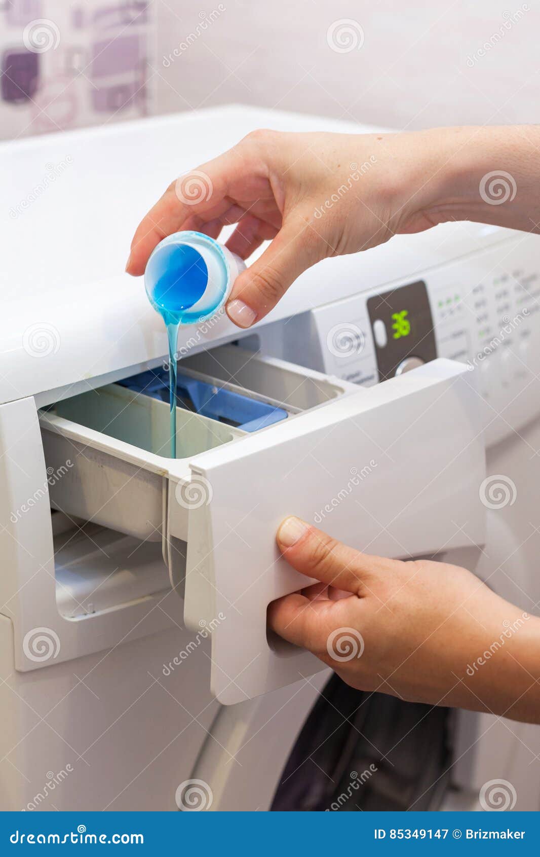 She Pours the Liquid Powder in Washing Machine. Stock Image Image of