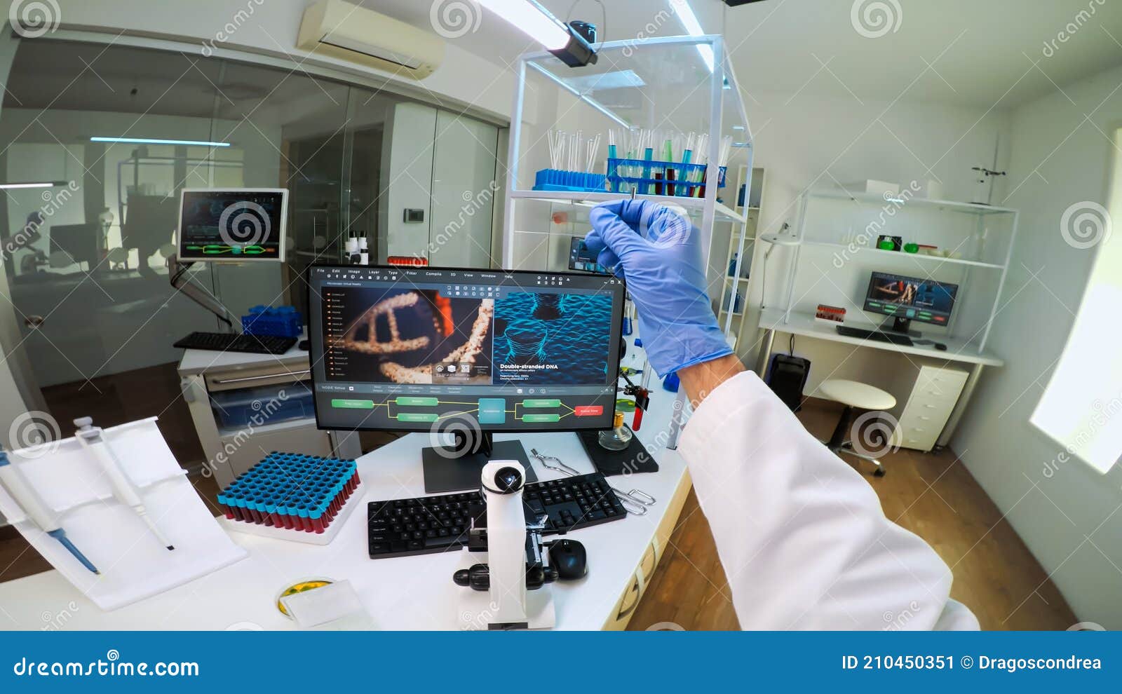 POV of Scientist Looking at Biological Samples Under Microscope Stock