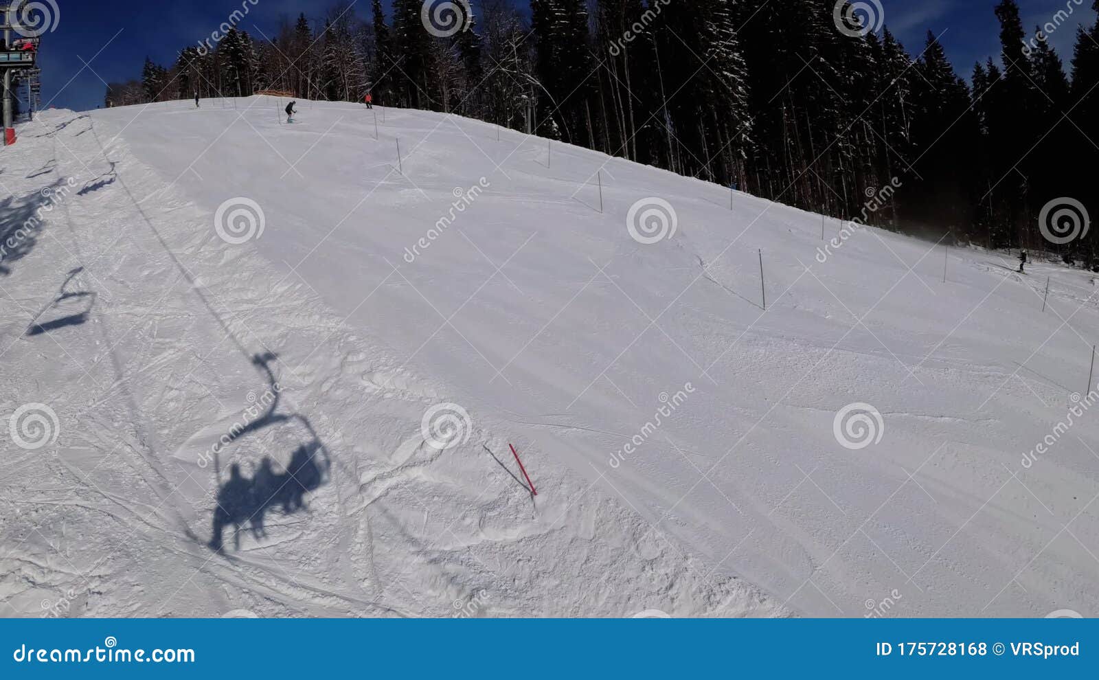 Pov From Ski Chair Lift To Snowy Ski Slope Skiers Slide On Ski Slope Ski Resort Stock Footage