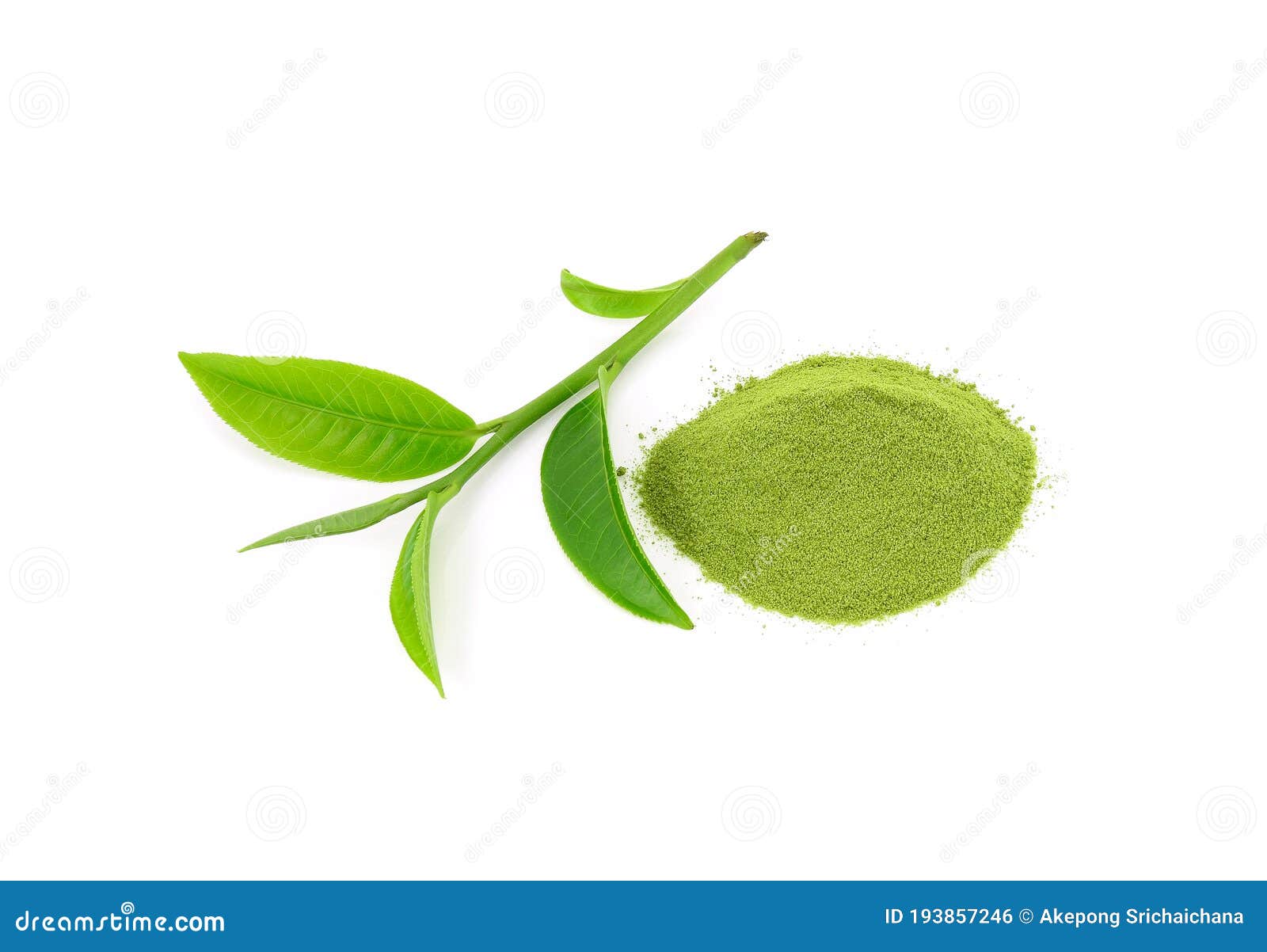 Powder Green Tea with Green Tea Leaf on White Background Stock Photo