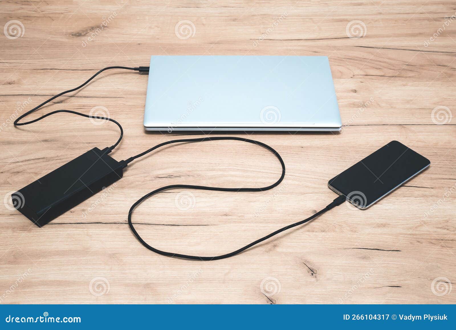 Power Bank with Usbc Cable is Charging Laptop and Smartphone. Modern