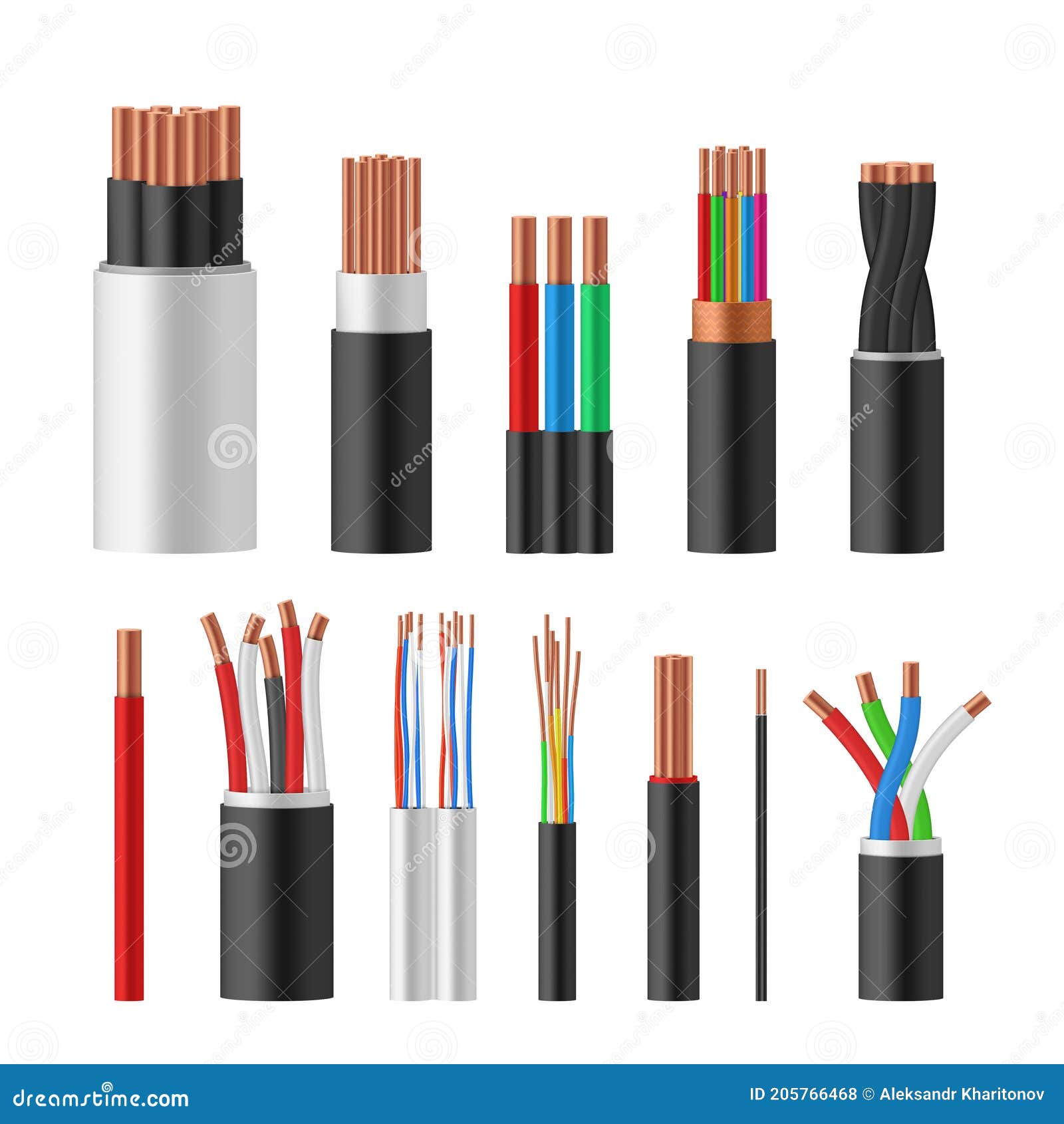 power cables various types with electrical wire conductors held together with overall sheath