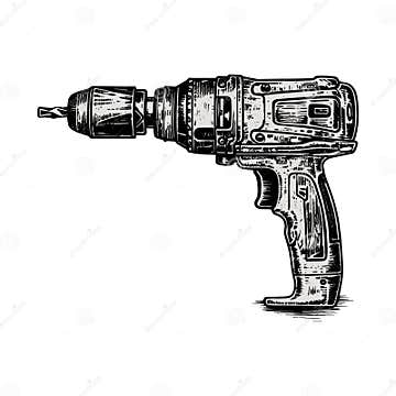 Power Drill Vector Drawing. Isolated Hand Drawn, Engraved Style ...