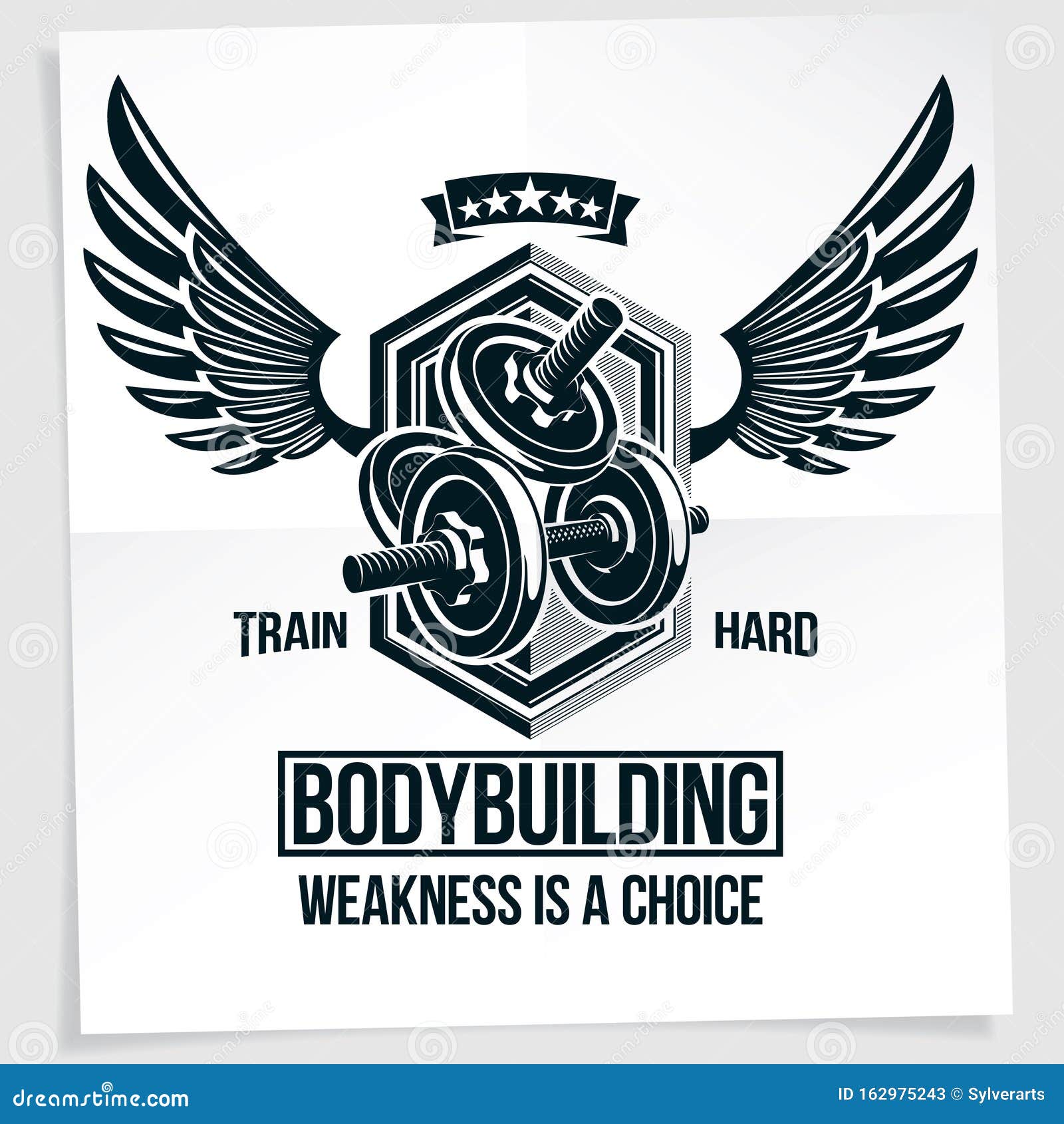 power lifting competition  poster composed using disc weight dumbbell and wings.