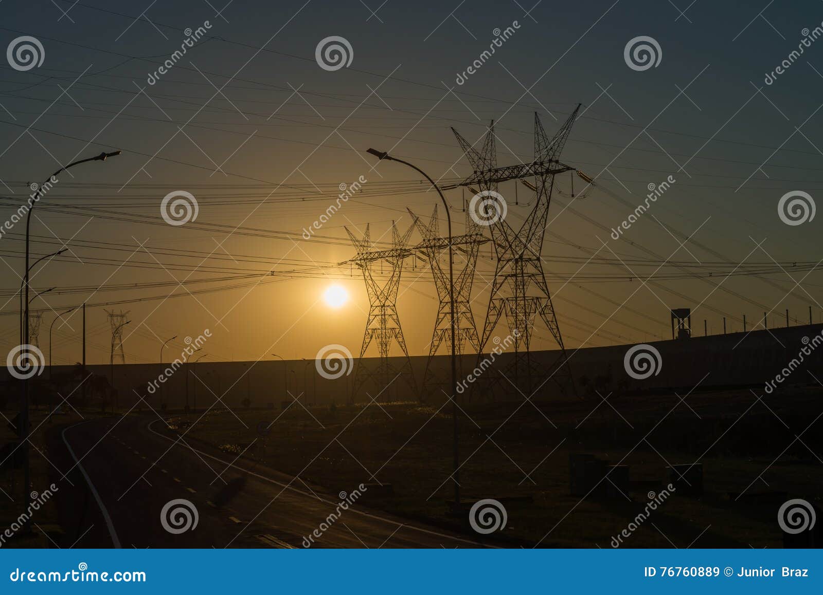 power lines at the sunset near itaipu dam