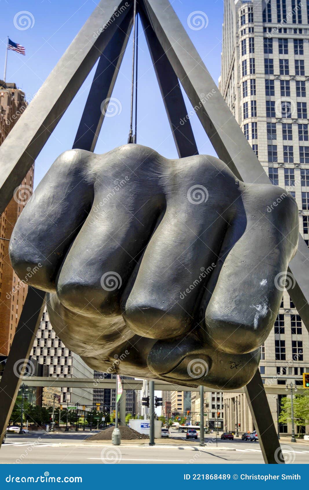 Detroit Artwork Black and White: The Joe Louis Fist at Night