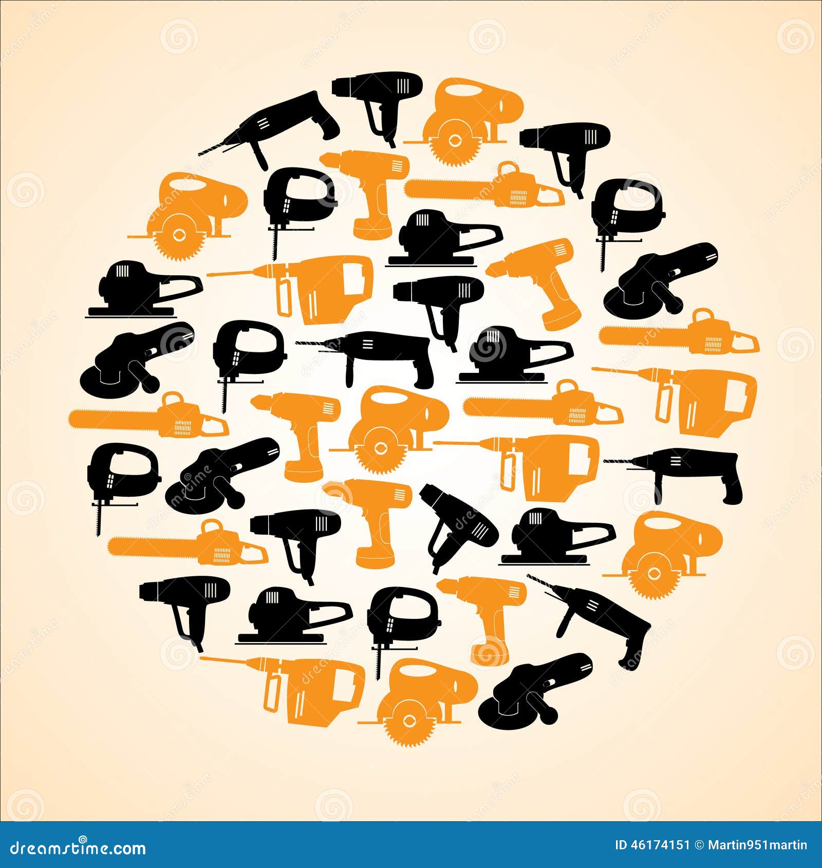 Power Tools Black and Yellow Icons in Circle Stock Vector