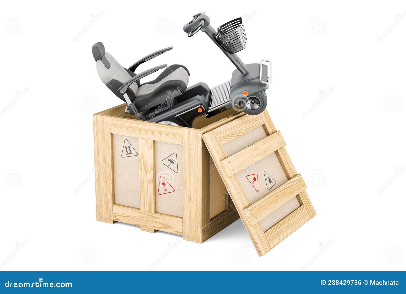 powered mobility scooter inside wooden box, delivery concept. 3d rendering