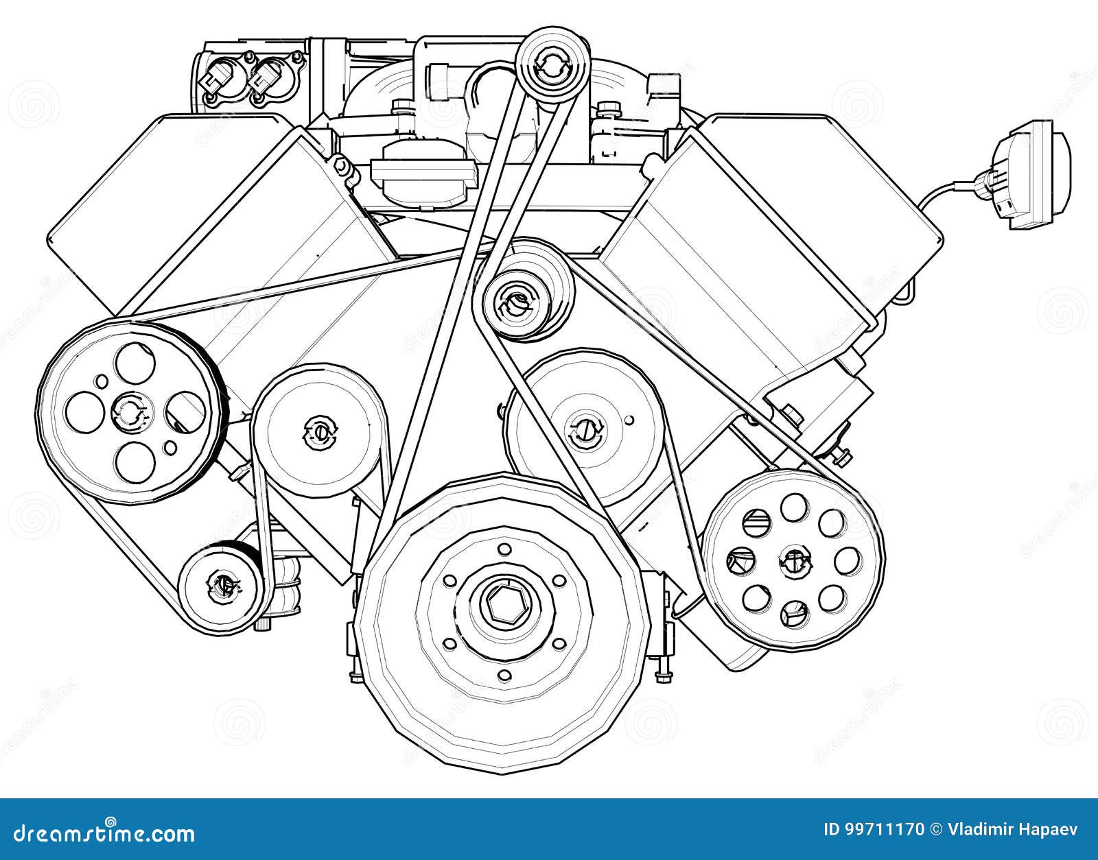 Powerful Car Engine. the Engine is Drawn with Black Lines on a White