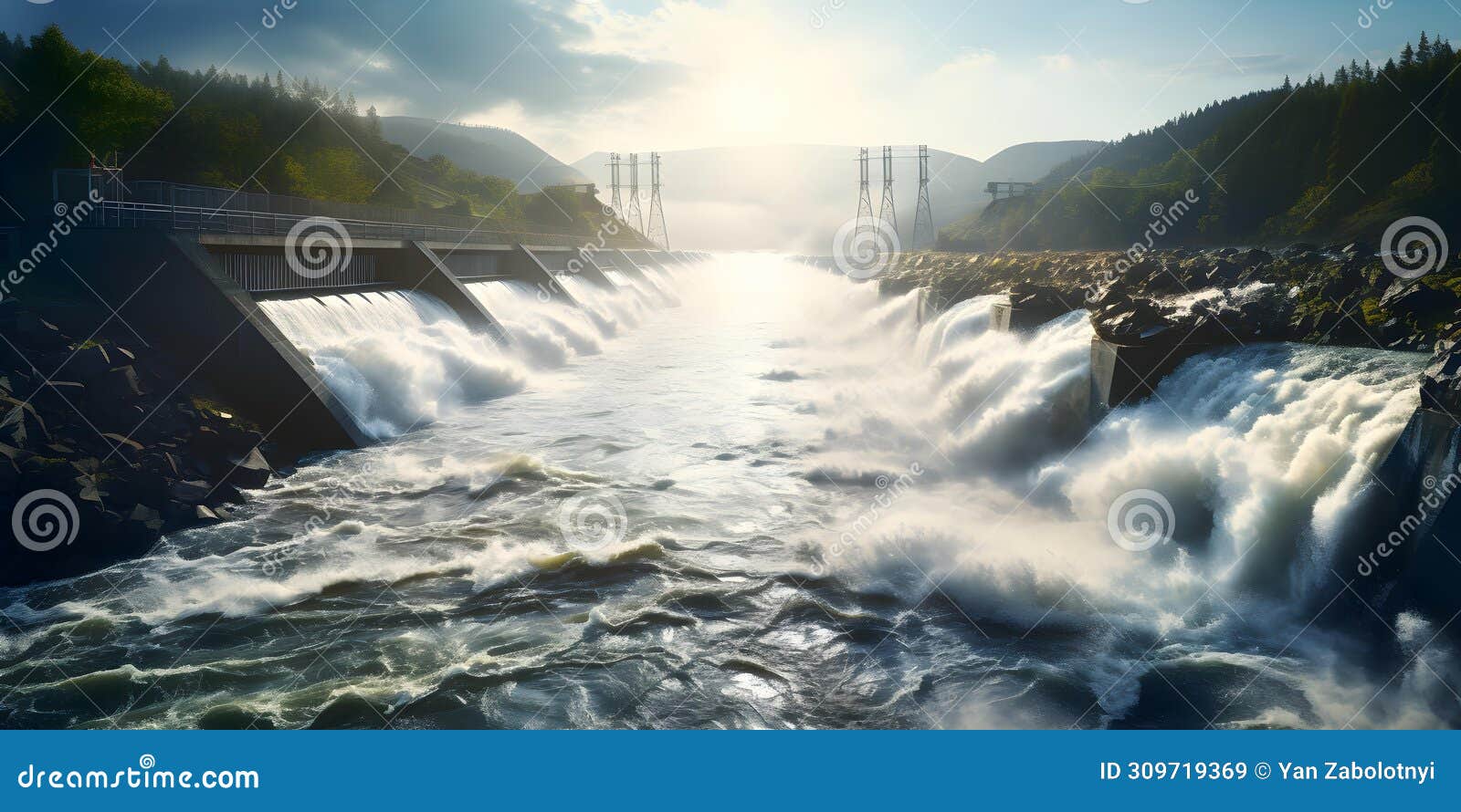 powerful dam harnessing rivers force generating renewable energy for the grid. concept renewable