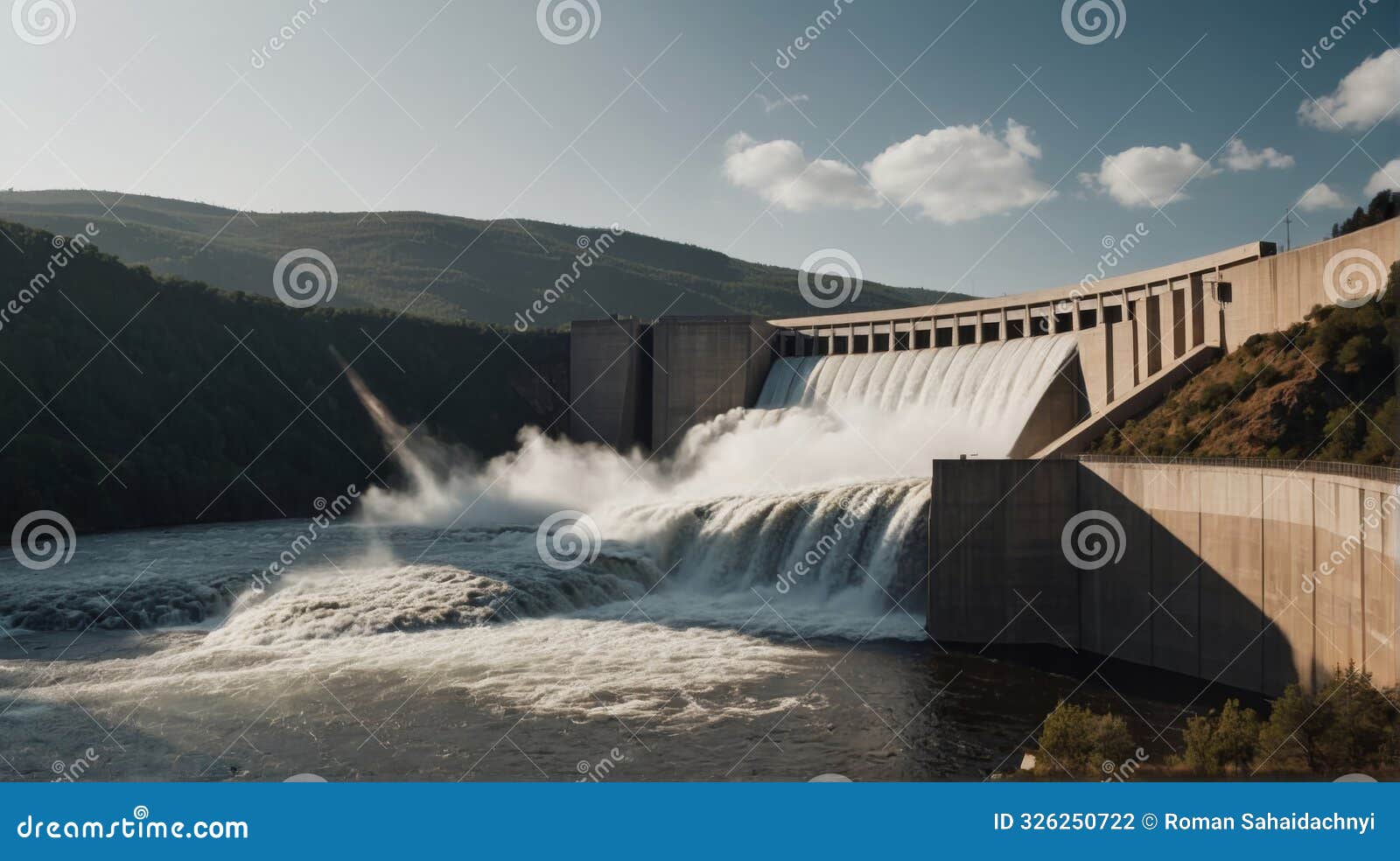 powerful dam with hydro turbines and reservoir