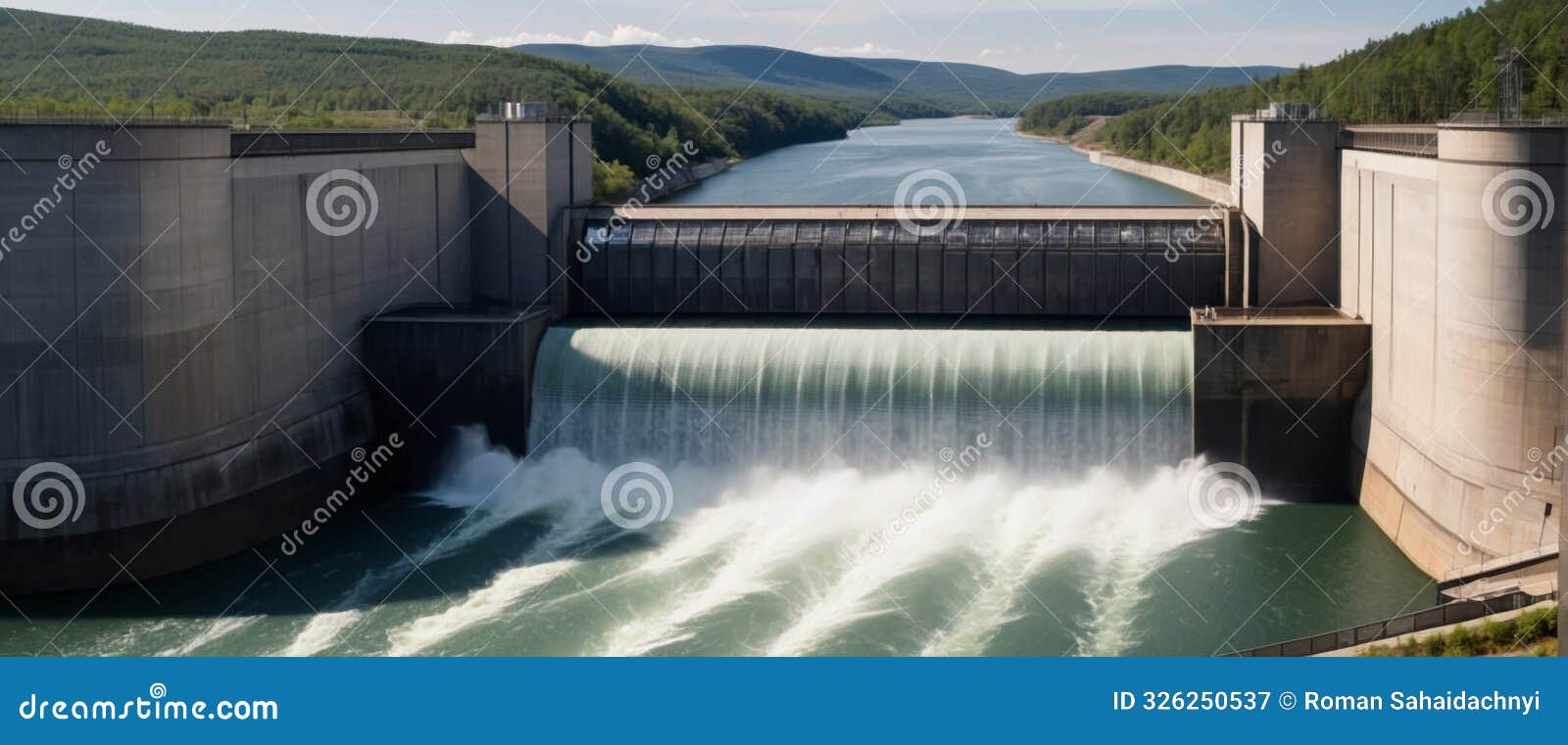 powerful dam with hydro turbines and reservoir