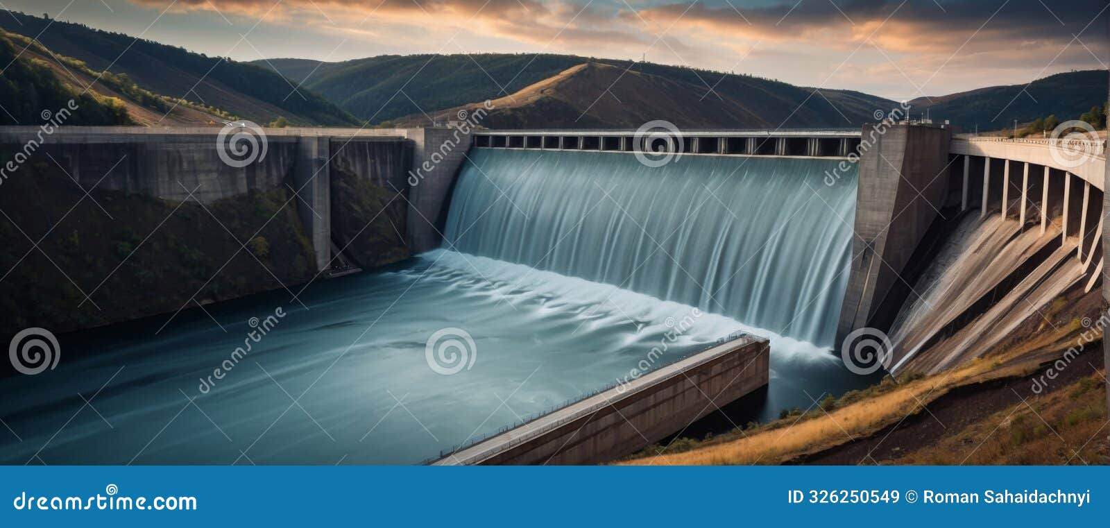 powerful dam with hydro turbines and reservoir