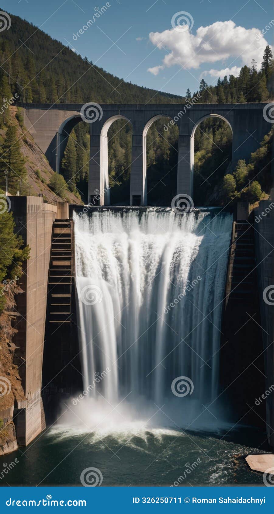 powerful dam with hydro turbines and reservoir