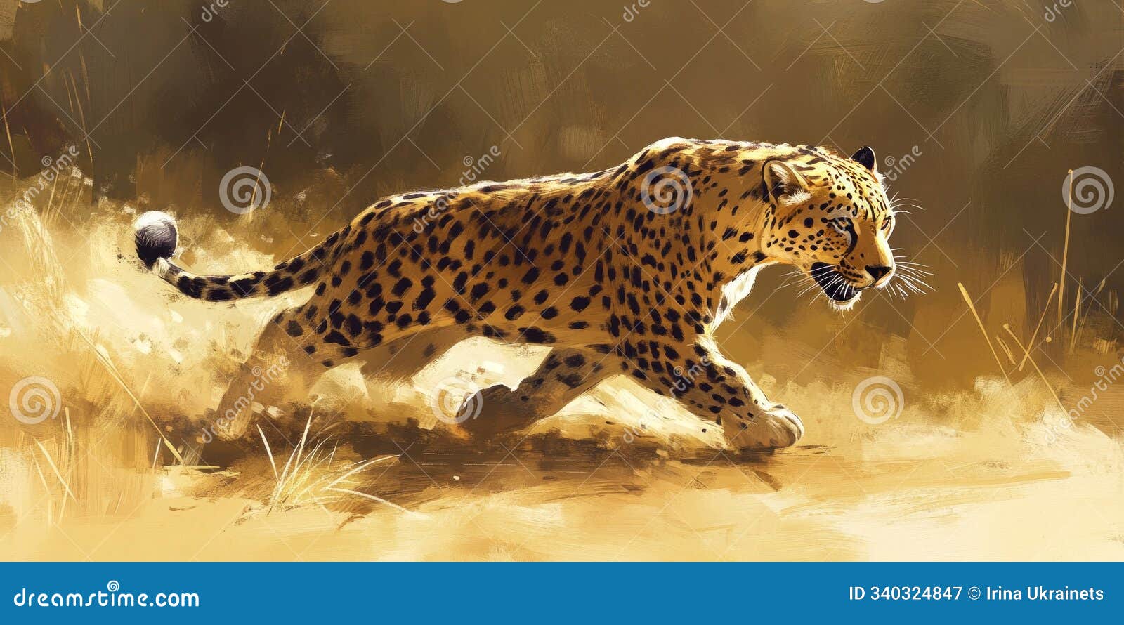 a powerful leopard runs through the golden grasslands. its swift motion captures the essence of wild life in a stunning