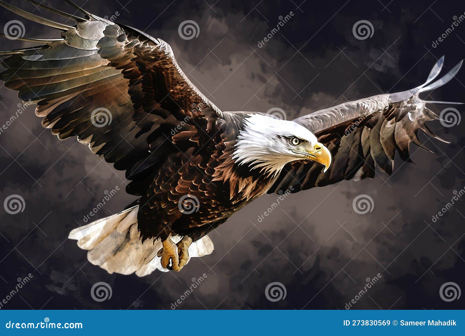 a powerful and majestic bald eagle soaring through the sky, showing off its powerful and majestic nature. generative ai