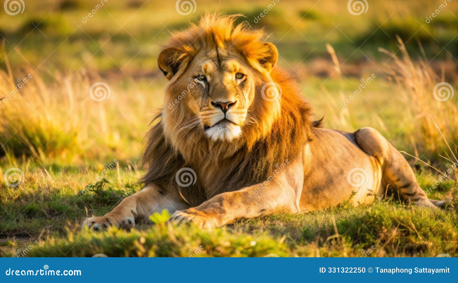 a powerful male lion rests in a field of tall golden grass showcasing its strength and regal presence the lions gaze is focuse