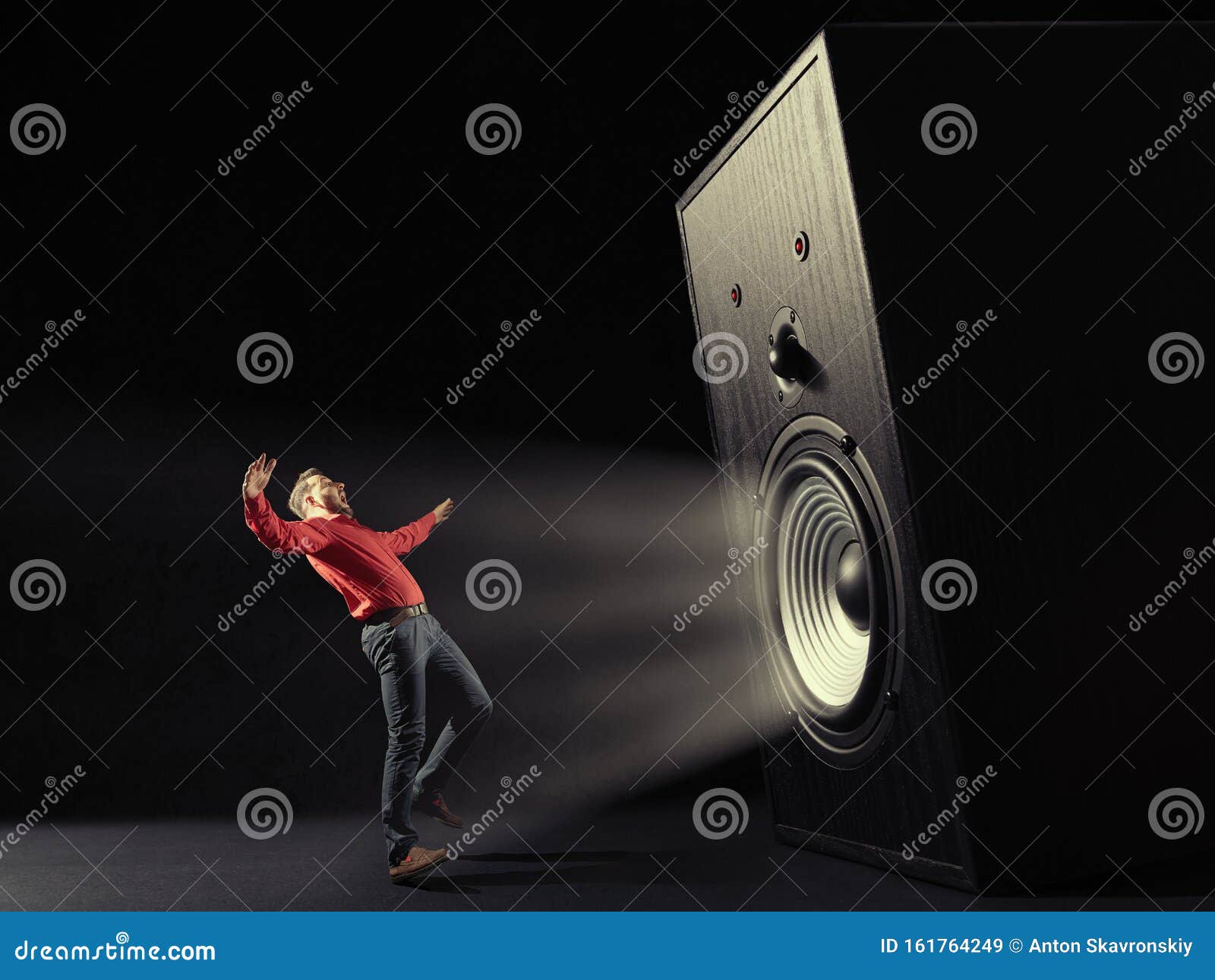 powerful sound wave with funny sound speaker and screaming man.
