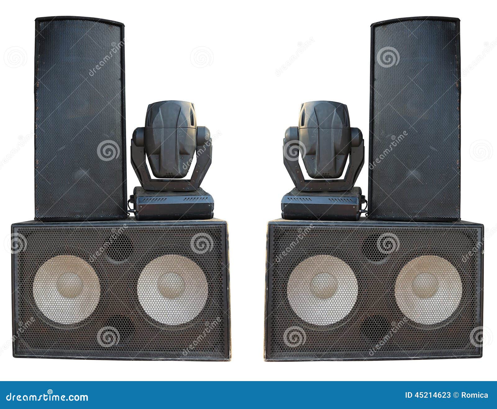 Powerful Stage Concerto Audio Speakers and Spotlight Projectors Stock